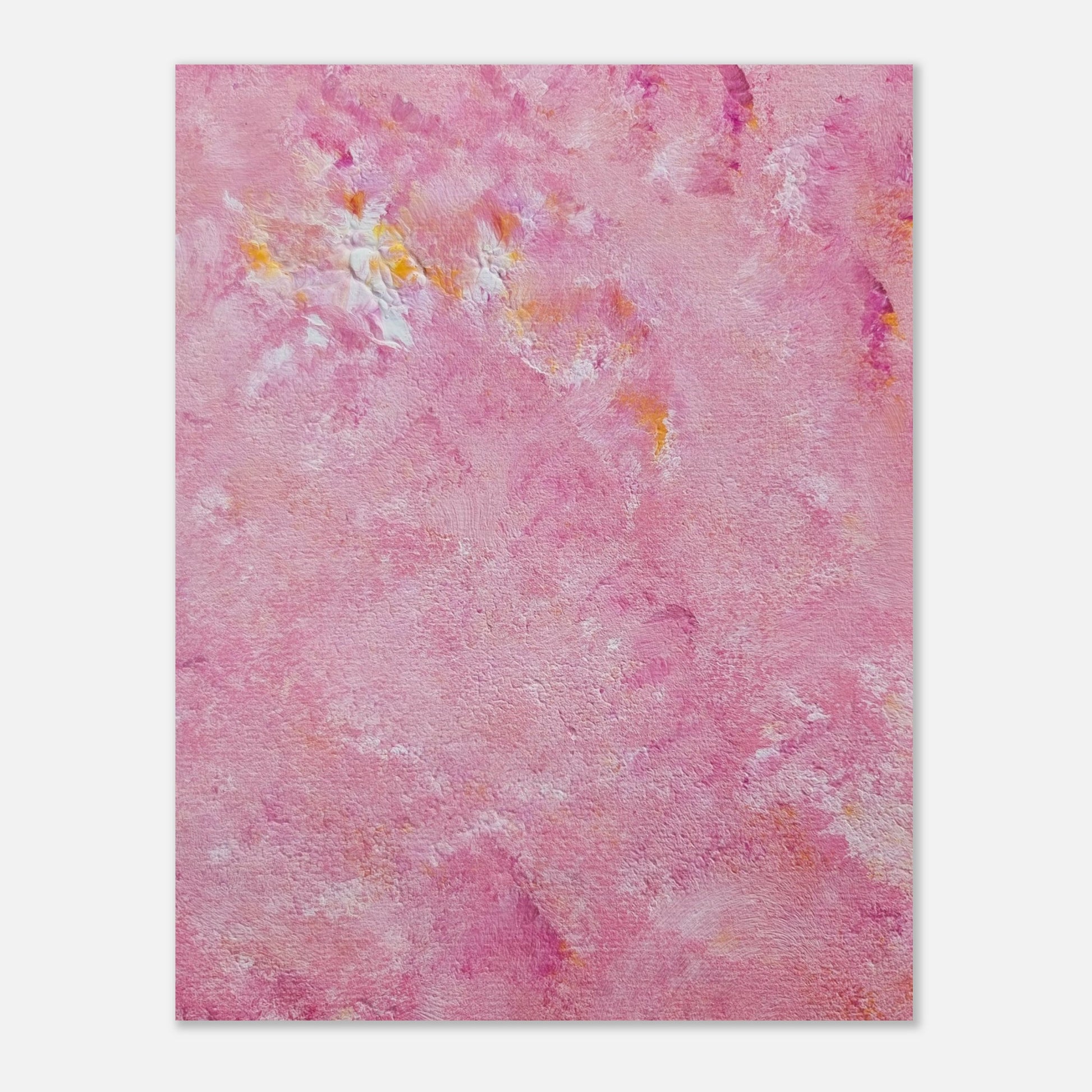 Bright pink and yellow Feel good one of one-of-a-kind colorful art poster based on original abstract art created by up-and-coming artist Scandinavian Jeanette Haga as decor for modern home on a white wall
