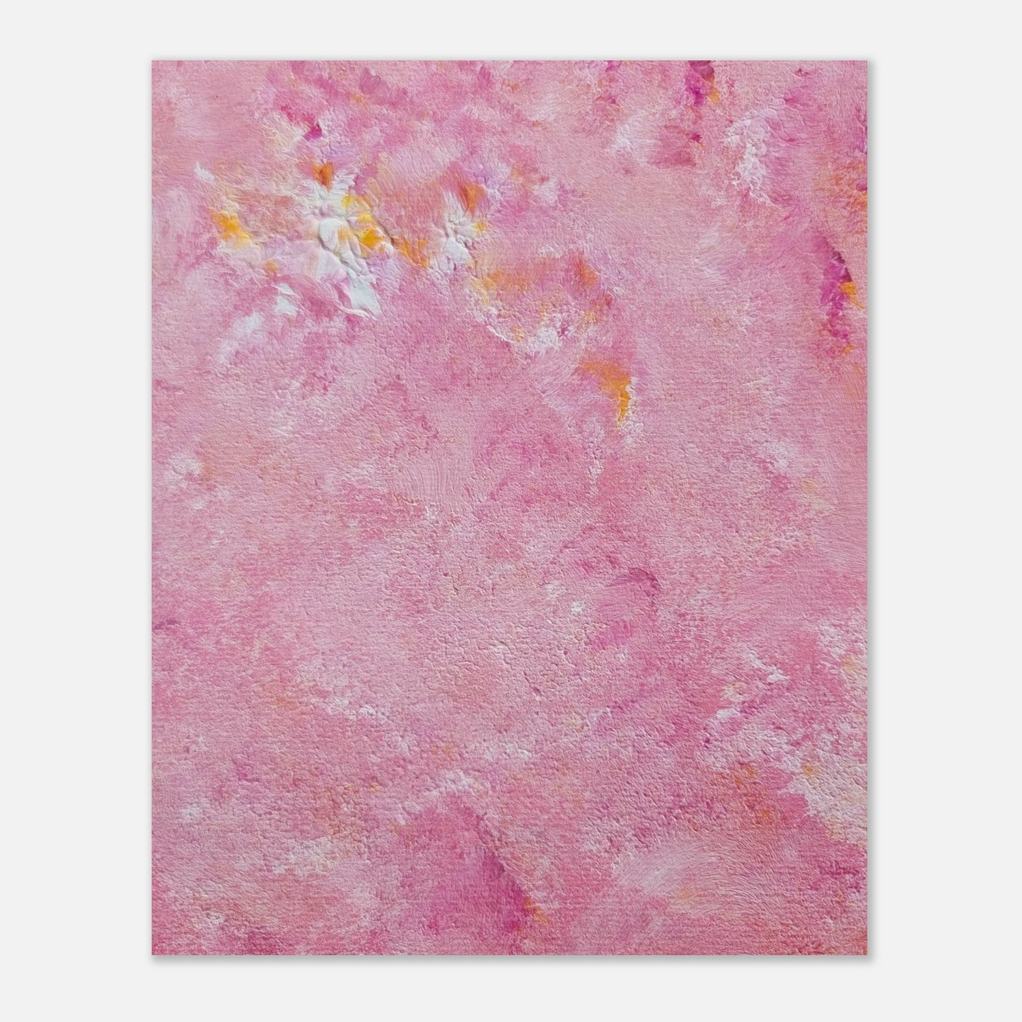 Bright pink and yellow Feel good one of one-of-a-kind colorful art poster based on original abstract art created by up-and-coming artist Scandinavian Jeanette Haga as decor for modern home on a white wall
