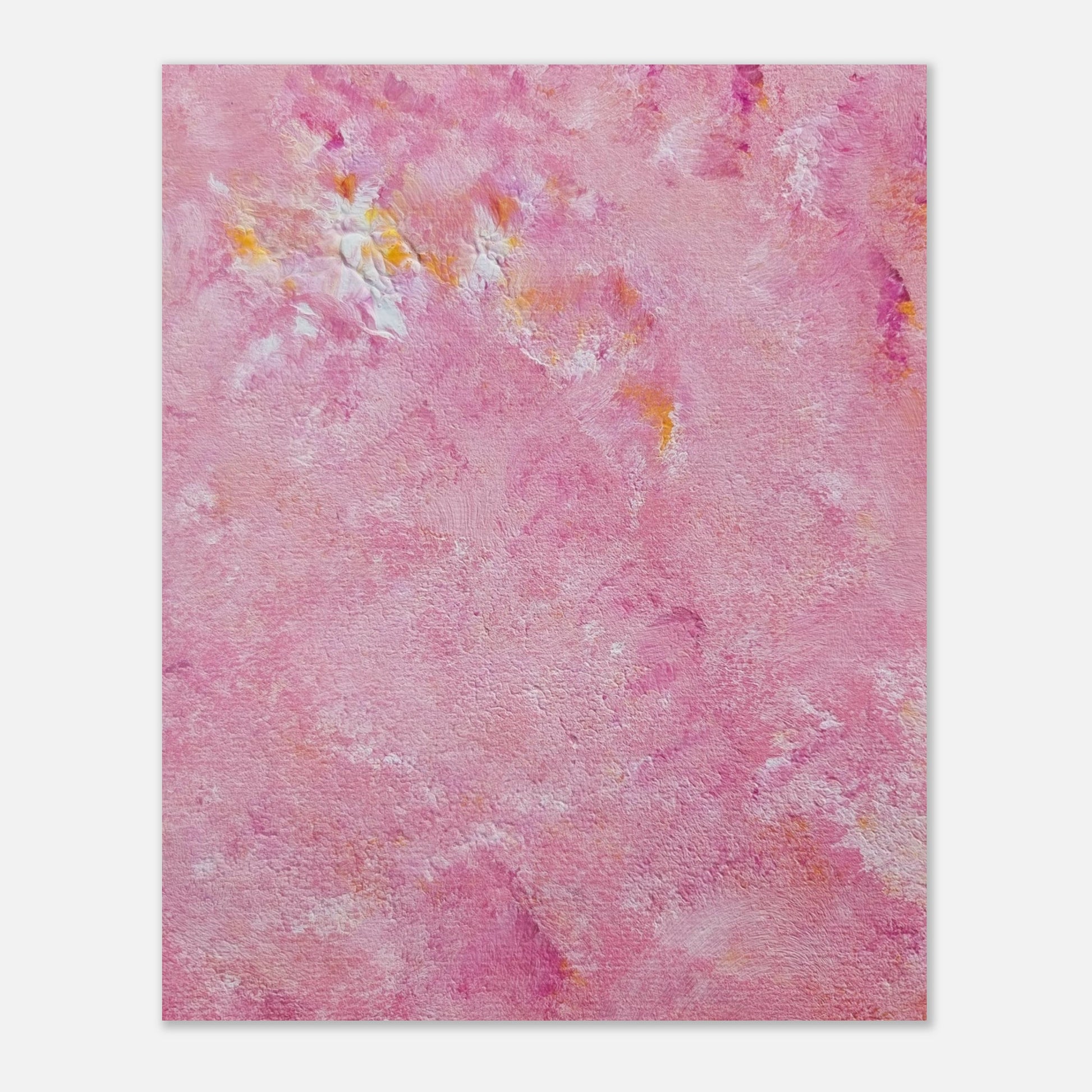 Bright pink and yellow Feel good one of one-of-a-kind colorful art poster based on original abstract art created by up-and-coming artist Scandinavian Jeanette Haga as decor for modern home on a white wall
