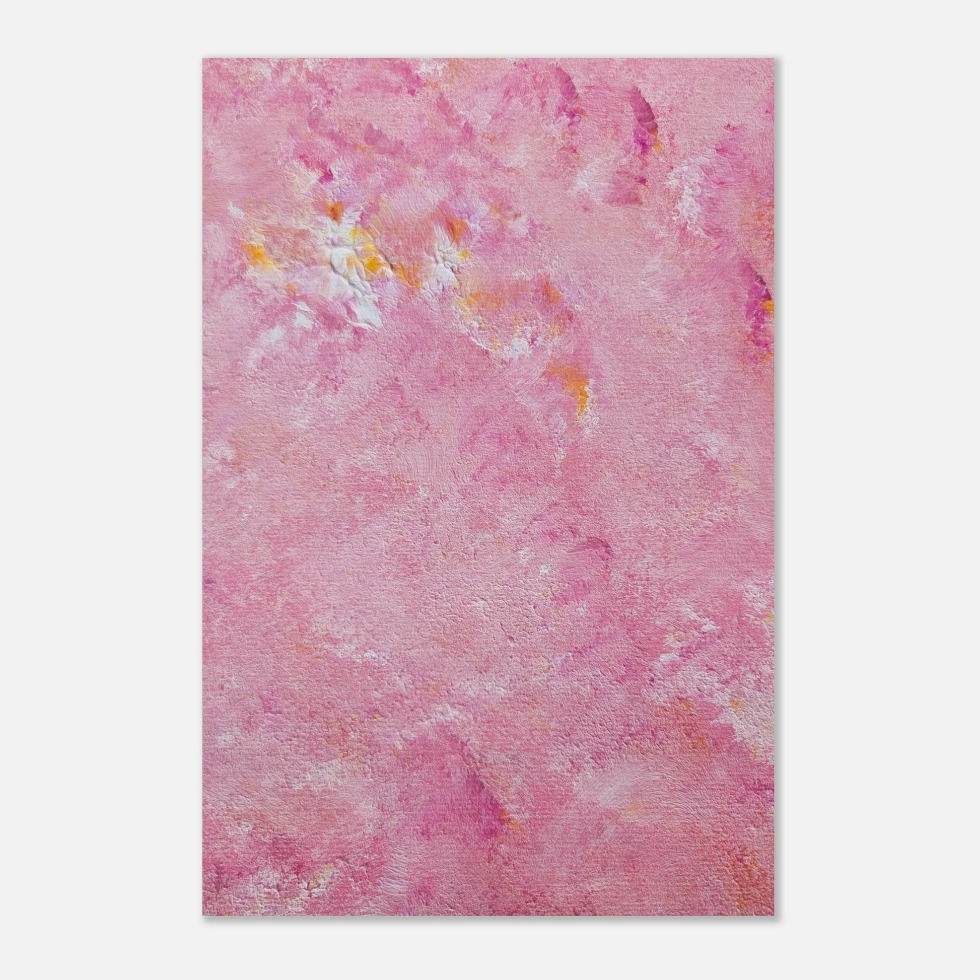Bright pink and yellow Feel good one of one-of-a-kind colorful art poster based on original abstract art created by up-and-coming artist Scandinavian Jeanette Haga as decor for modern home on a white wall
