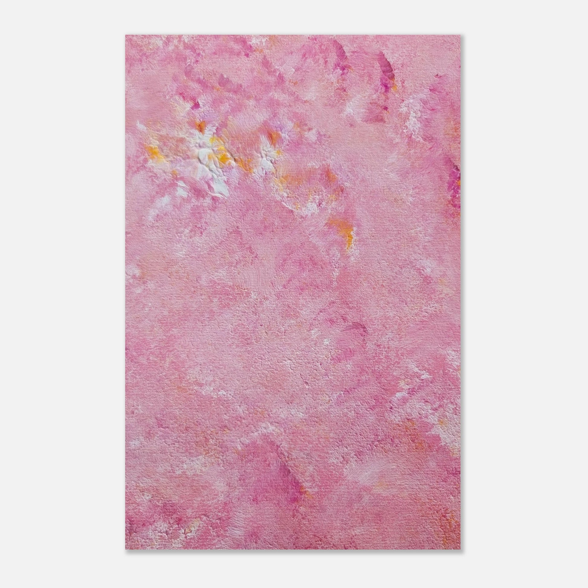 Bright pink and yellow Feel good one of one-of-a-kind colorful art poster based on original abstract art created by up-and-coming artist Scandinavian Jeanette Haga as decor for modern home on a white wall
