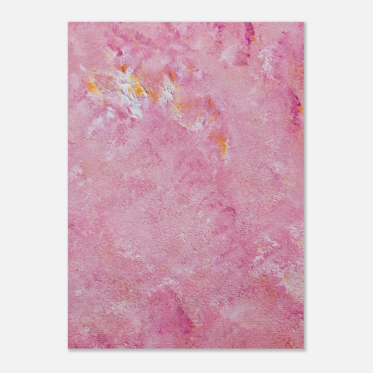 Bright pink and yellow Feel good one of one-of-a-kind colorful art poster based on original abstract art created by up-and-coming artist Scandinavian Jeanette Haga as decor for modern home on a white wall
