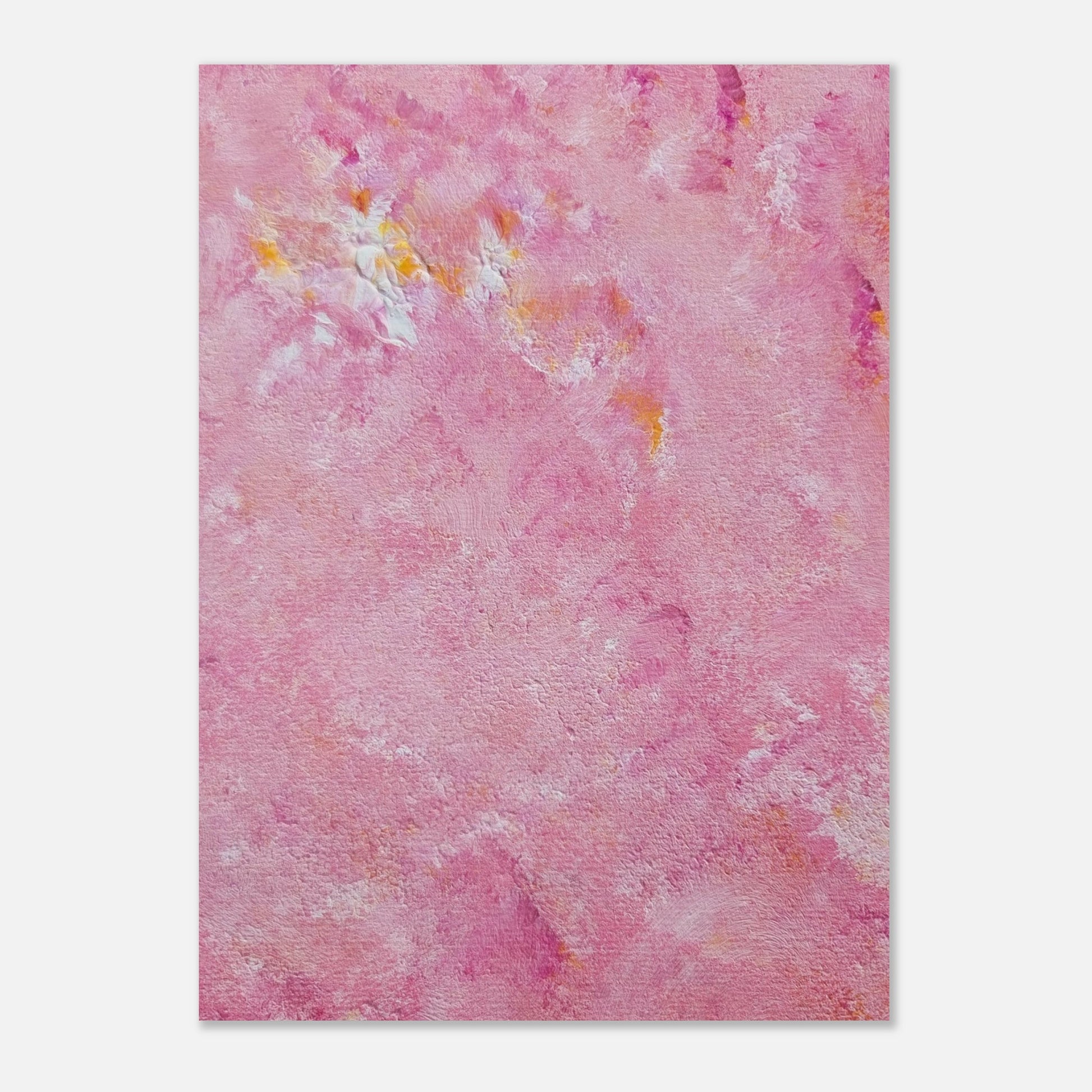 Bright pink and yellow Feel good one of one-of-a-kind colorful art poster based on original abstract art created by up-and-coming artist Scandinavian Jeanette Haga as decor for modern home on a white wall
