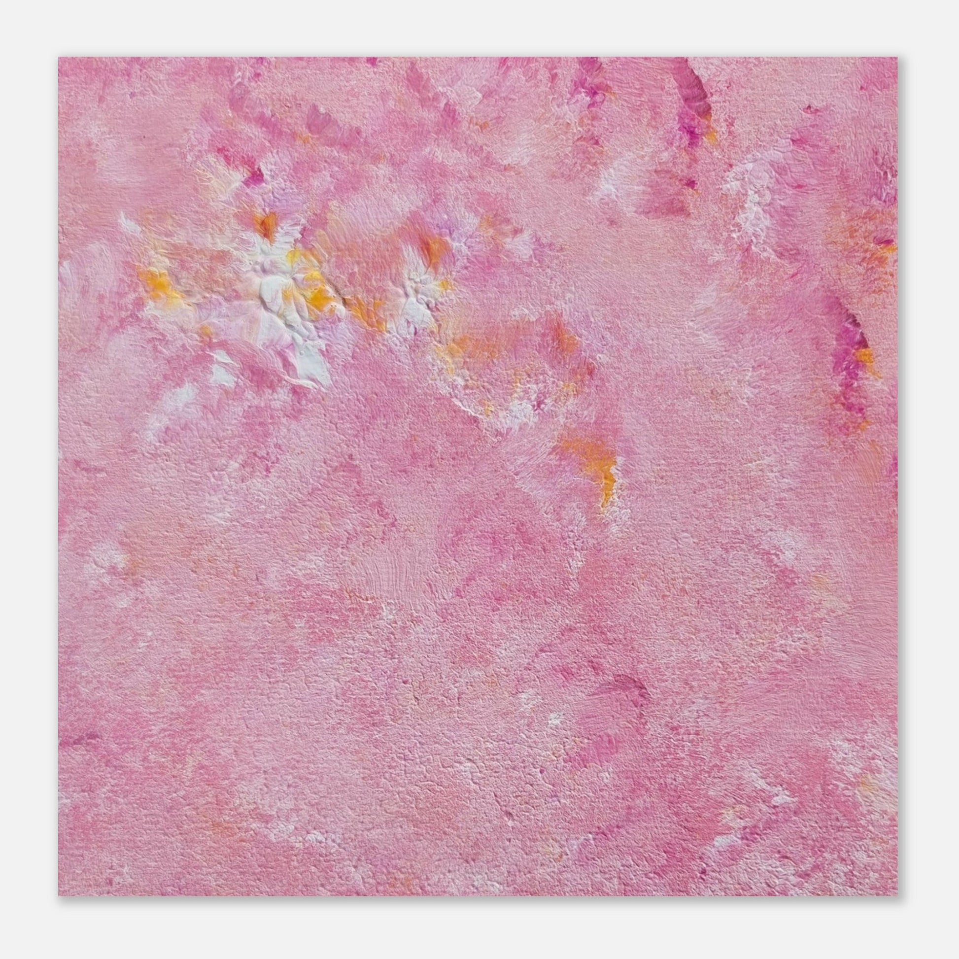 Bright pink and yellow Feel good one of one-of-a-kind colorful art poster based on original abstract art created by up-and-coming artist Scandinavian Jeanette Haga as decor for modern home on a white wall
