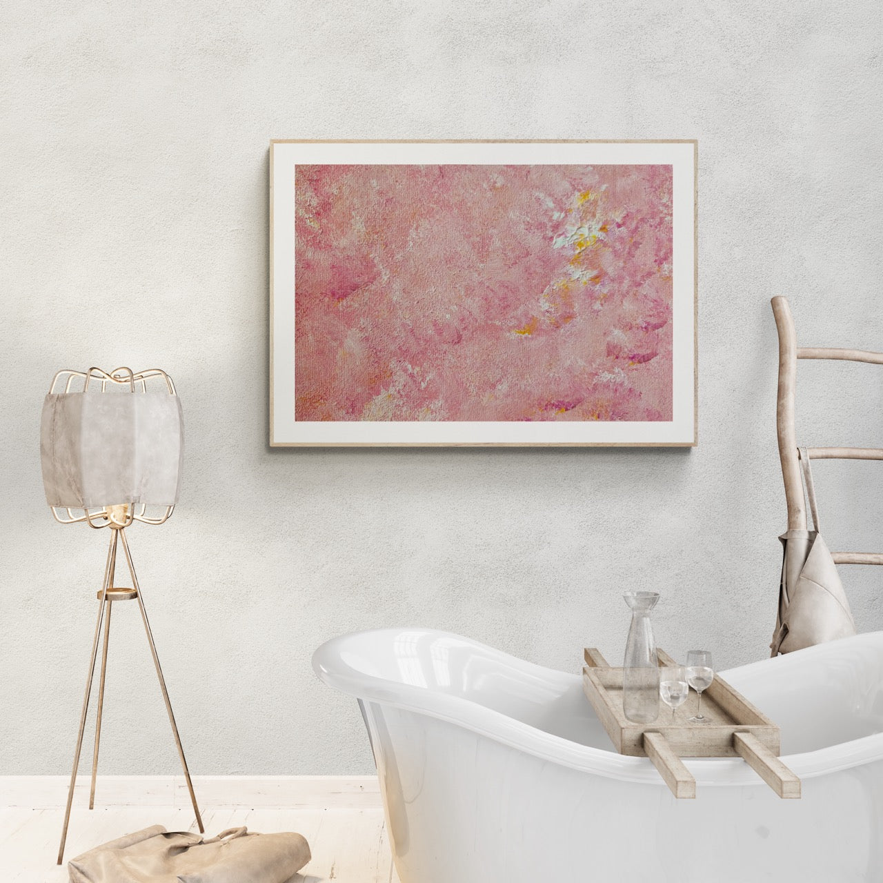 Bright pink and yellow Feel good one of one-of-a-kind colorful art poster based on original abstract art created by up-and-coming artist Scandinavian Jeanette Haga as decor in a modern bohemian bathroom