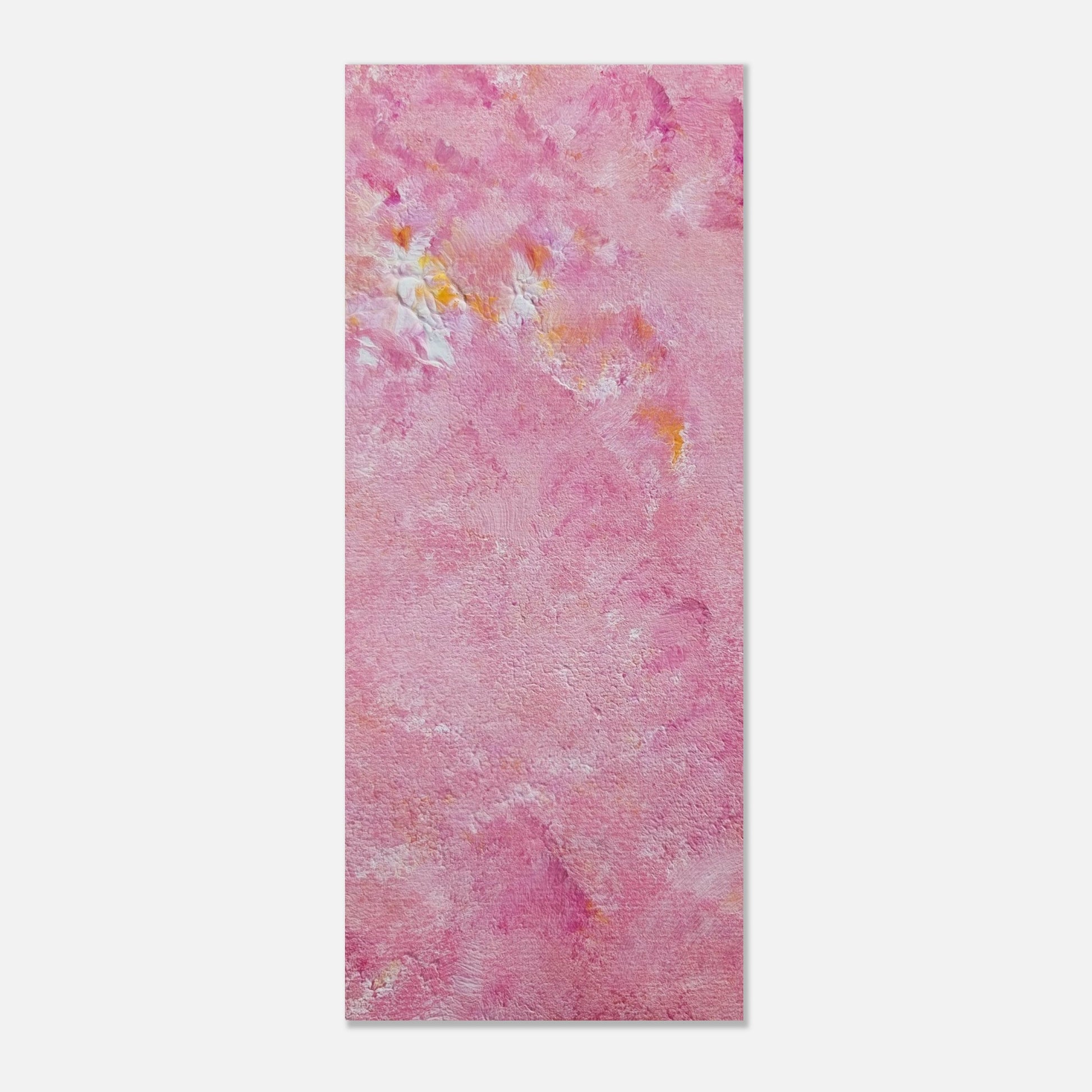 Bright pink and yellow Feel good one of one-of-a-kind colorful art poster based on original abstract art created by up-and-coming artist Scandinavian Jeanette Haga as decor for modern home on a white wall
