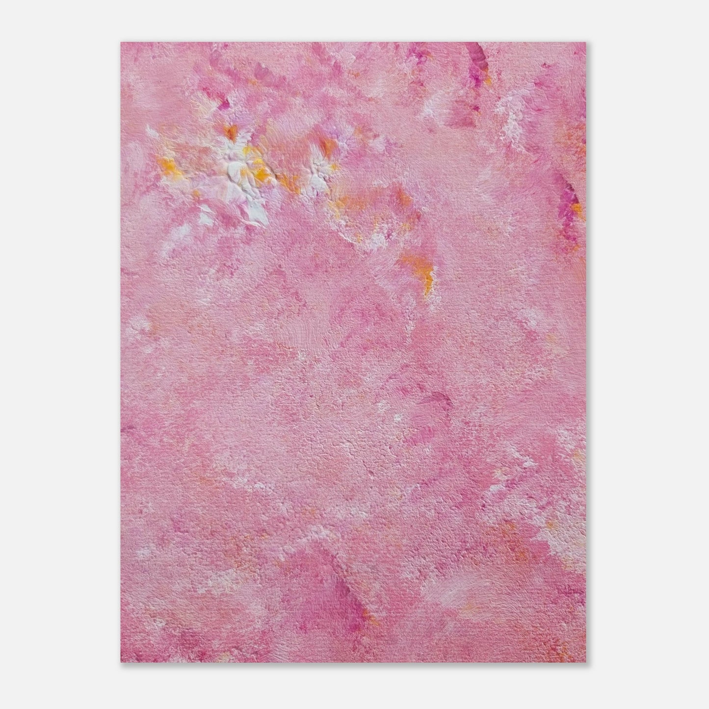 Bright pink and yellow Feel good one of one-of-a-kind colorful art poster based on original abstract art created by up-and-coming artist Scandinavian Jeanette Haga as decor for modern home on a white wall
