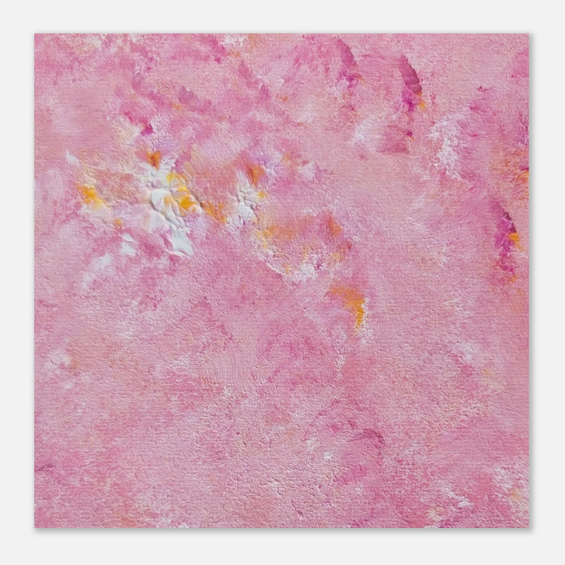 Bright pink and yellow Feel good one of one-of-a-kind colorful art poster based on original abstract art created by up-and-coming artist Scandinavian Jeanette Haga as decor for modern home on a white wall
