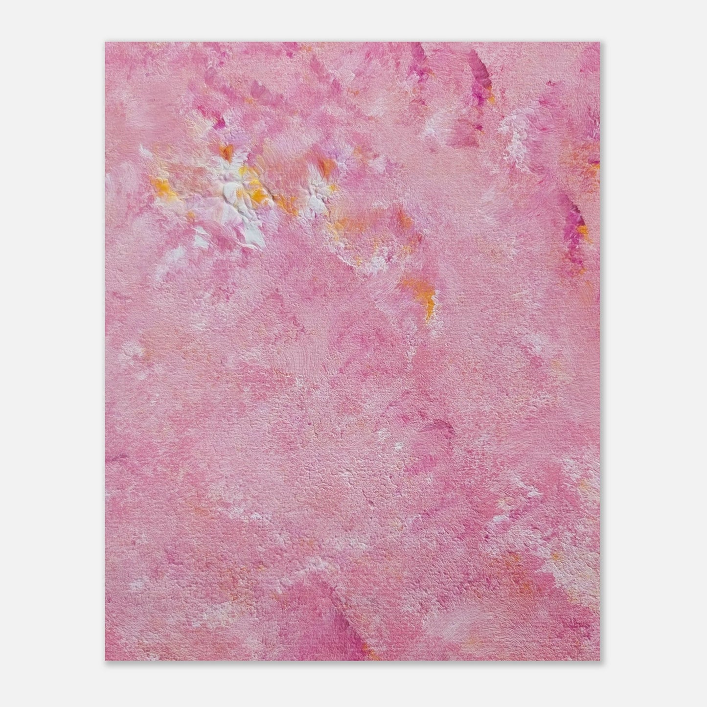 Bright pink and yellow Feel good one of one-of-a-kind colorful art poster based on original abstract art created by up-and-coming artist Scandinavian Jeanette Haga as decor for modern home on a white wall
