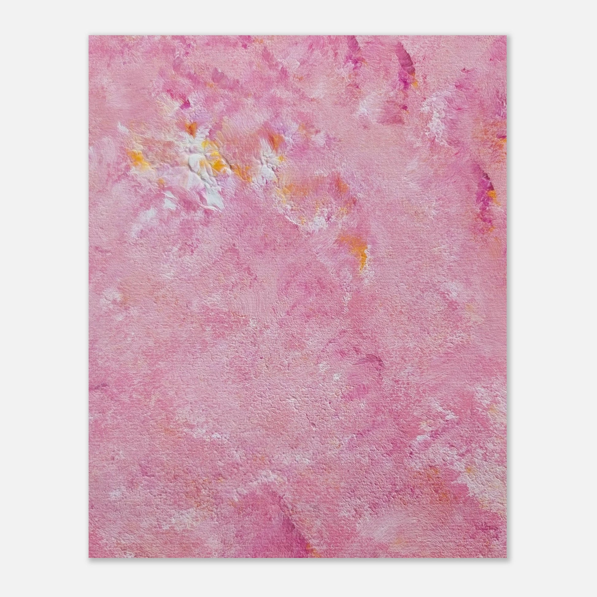 Bright pink and yellow Feel good one of one-of-a-kind colorful art poster based on original abstract art created by up-and-coming artist Scandinavian Jeanette Haga as decor for modern home on a white wall
