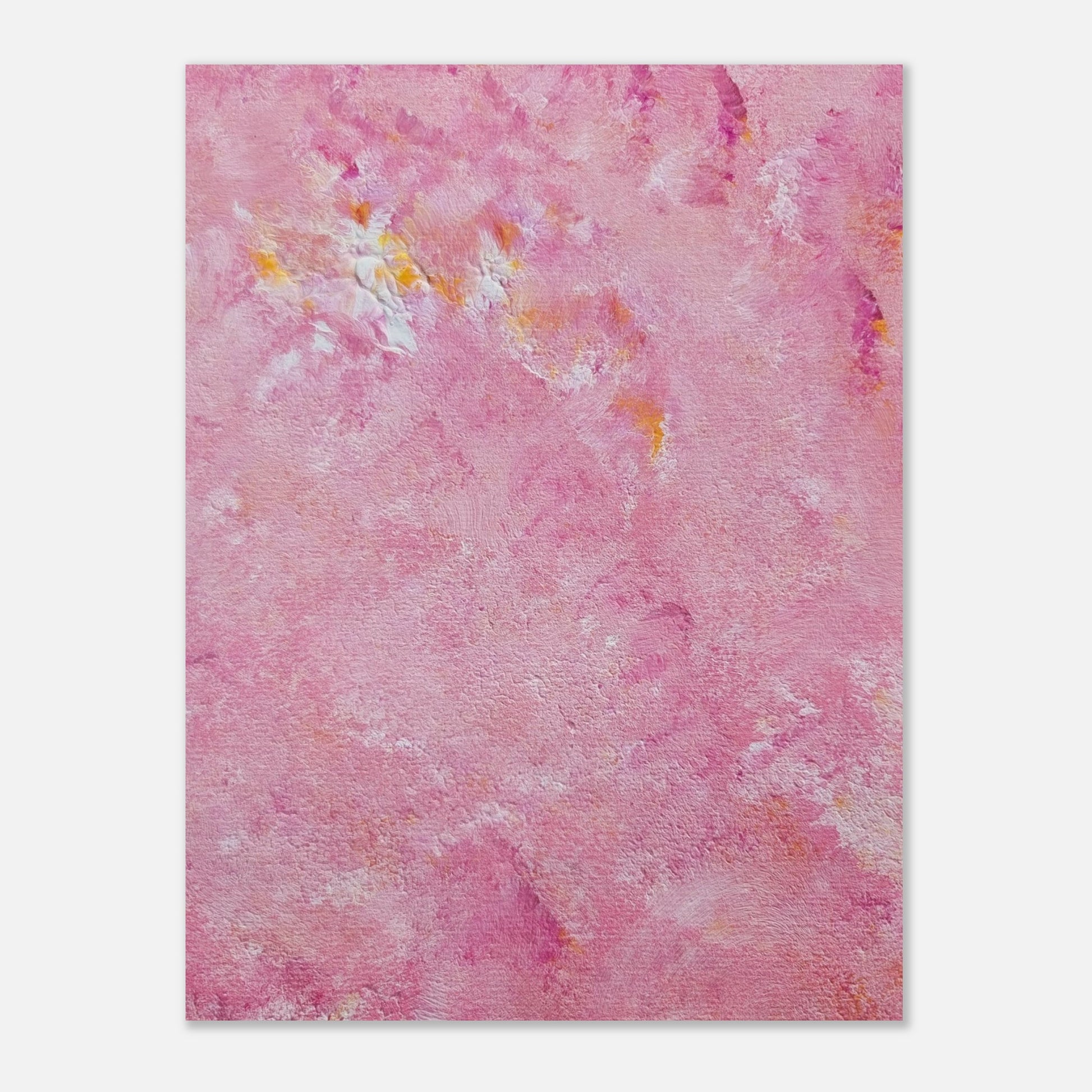 Bright pink and yellow Feel good one of one-of-a-kind colorful art poster based on original abstract art created by up-and-coming artist Scandinavian Jeanette Haga as decor for modern home on a white wall
