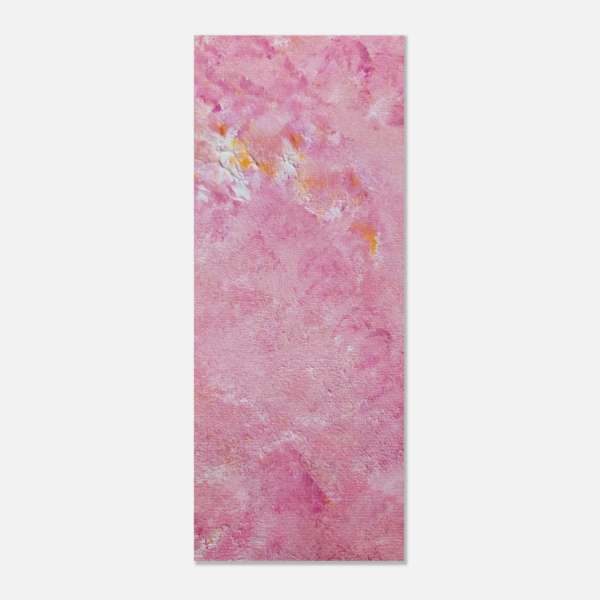 Bright pink and yellow Feel good one of one-of-a-kind colorful art poster based on original abstract art created by up-and-coming artist Scandinavian Jeanette Haga as decor for modern home on a white wall
