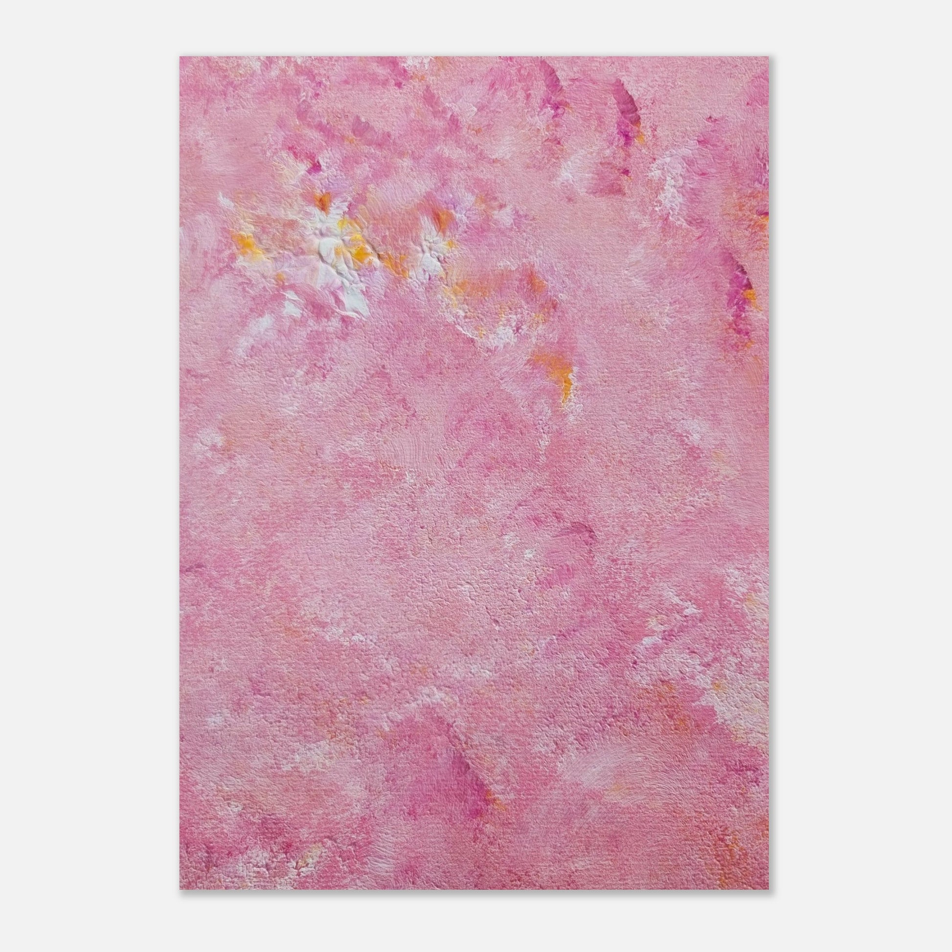 Bright pink and yellow Feel good one of one-of-a-kind colorful art poster based on original abstract art created by up-and-coming artist Scandinavian Jeanette Haga as decor for modern home on a white wall
