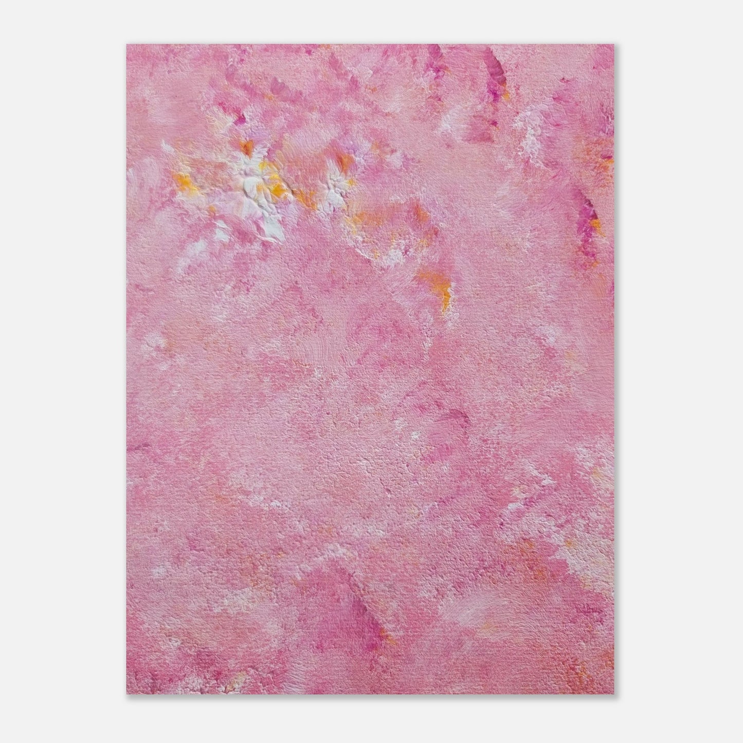 Bright pink and yellow Feel good one of one-of-a-kind colorful art poster based on original abstract art created by up-and-coming artist Scandinavian Jeanette Haga as decor for modern home on a white wall
