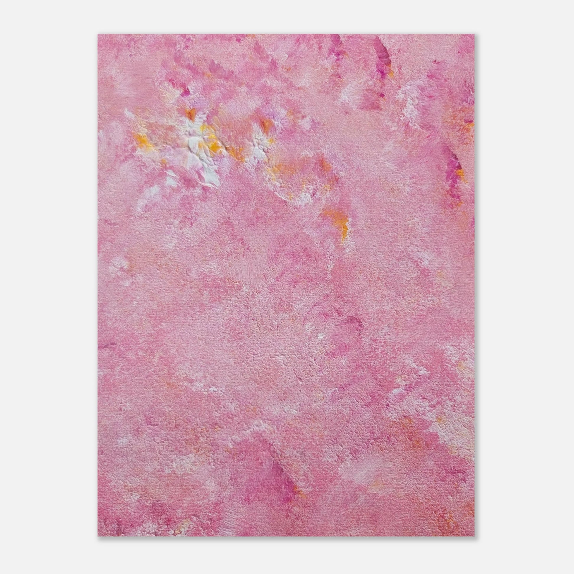 Bright pink and yellow Feel good one of one-of-a-kind colorful art poster based on original abstract art created by up-and-coming artist Scandinavian Jeanette Haga as decor for modern home on a white wall
