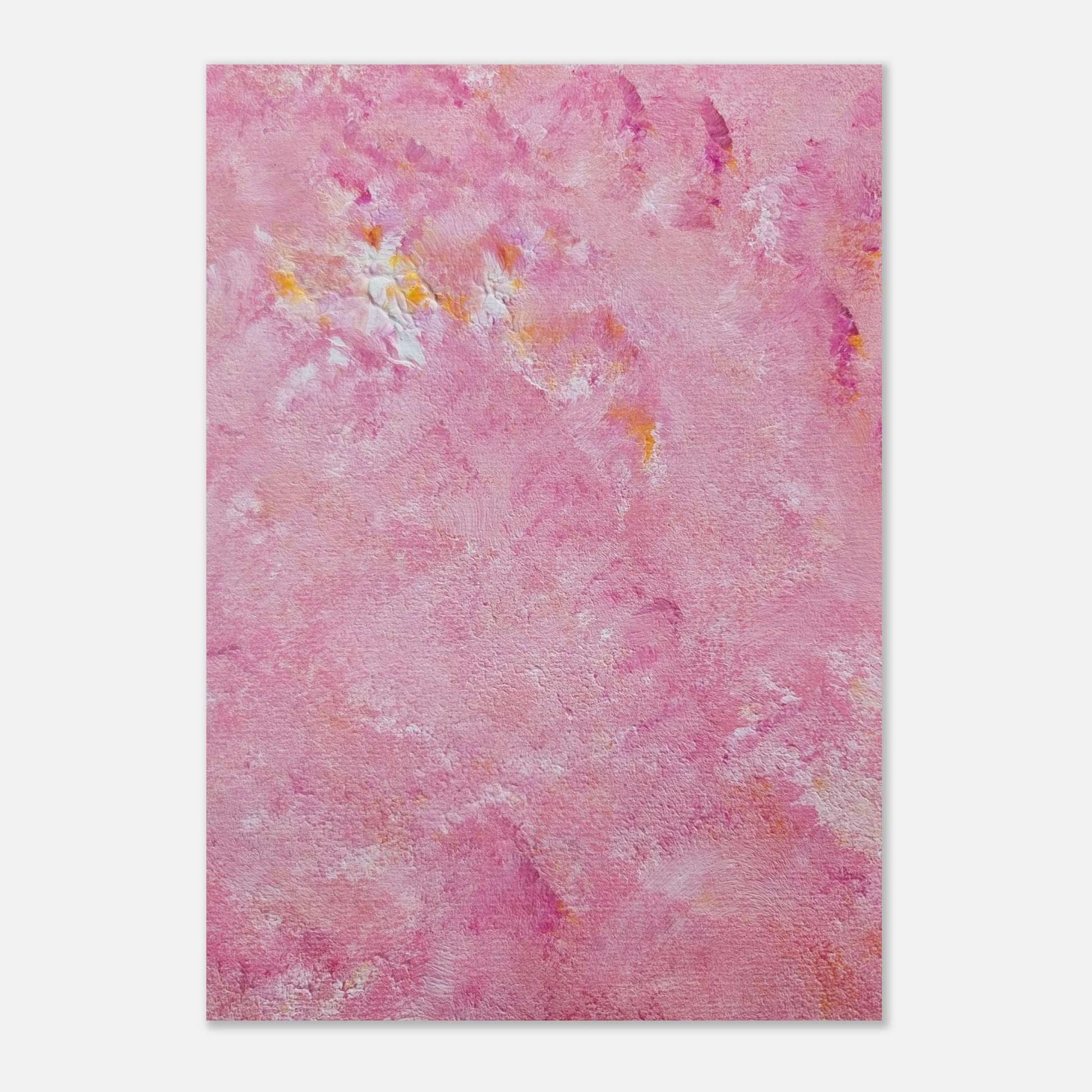 Bright pink and yellow Feel good one of one-of-a-kind colorful art poster based on original abstract art created by up-and-coming artist Scandinavian Jeanette Haga as decor for modern home on a white wall
