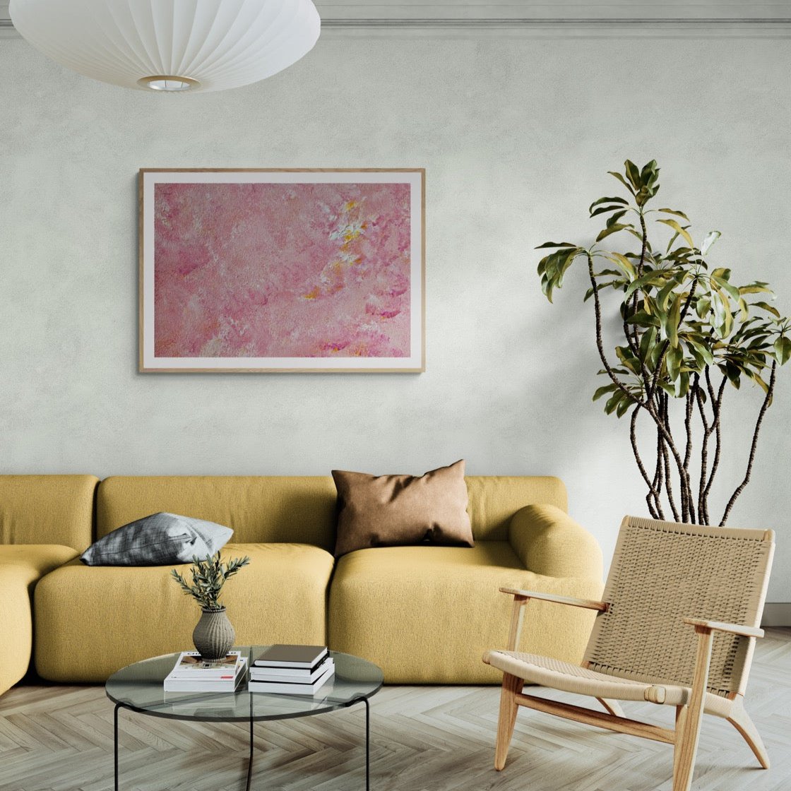 Bright pink and yellow Feel good one of one-of-a-kind colorful art poster based on original abstract art created by up-and-coming artist Scandinavian Jeanette Haga as decor in a modern living room