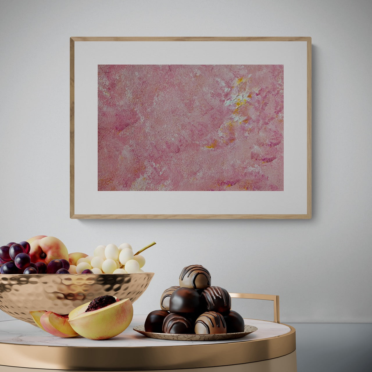 Bright pink and yellow Feel good one of one-of-a-kind colorful art poster based on original abstract art created by up-and-coming artist Scandinavian Jeanette Haga as decor in a modern kitchen
