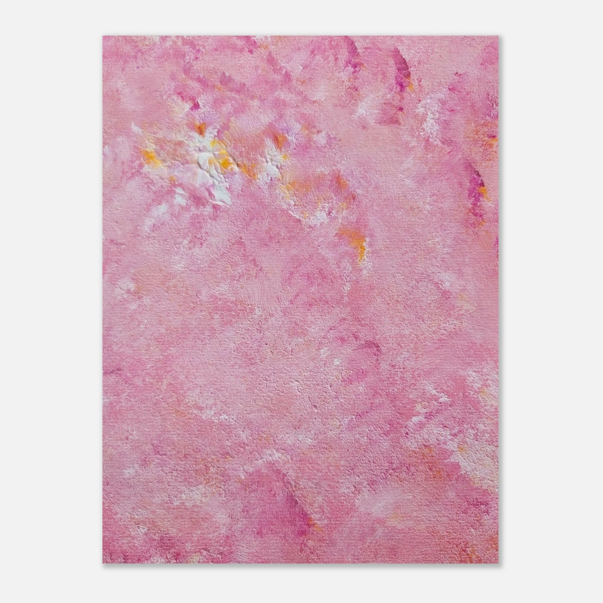 Bright pink and yellow Feel good one of one-of-a-kind colorful art poster based on original abstract art created by up-and-coming artist Scandinavian Jeanette Haga as decor for modern home on a white wall
