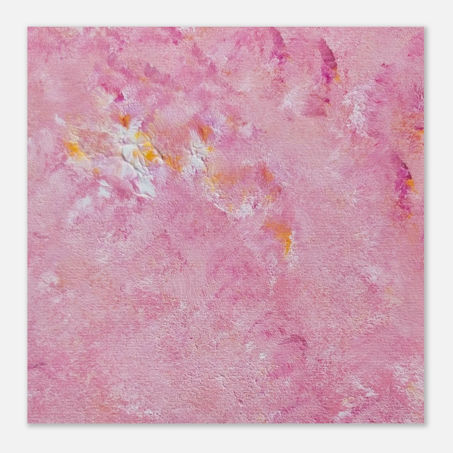 Bright pink and yellow Feel good one of one-of-a-kind colorful art poster based on original abstract art created by up-and-coming artist Scandinavian Jeanette Haga as decor for modern home on a white wall
