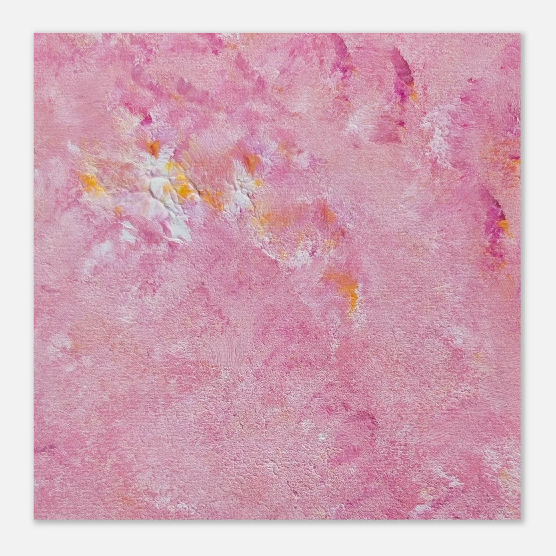 Bright pink and yellow Feel good one of one-of-a-kind colorful art poster based on original abstract art created by up-and-coming artist Scandinavian Jeanette Haga as decor for modern home on a white wall
