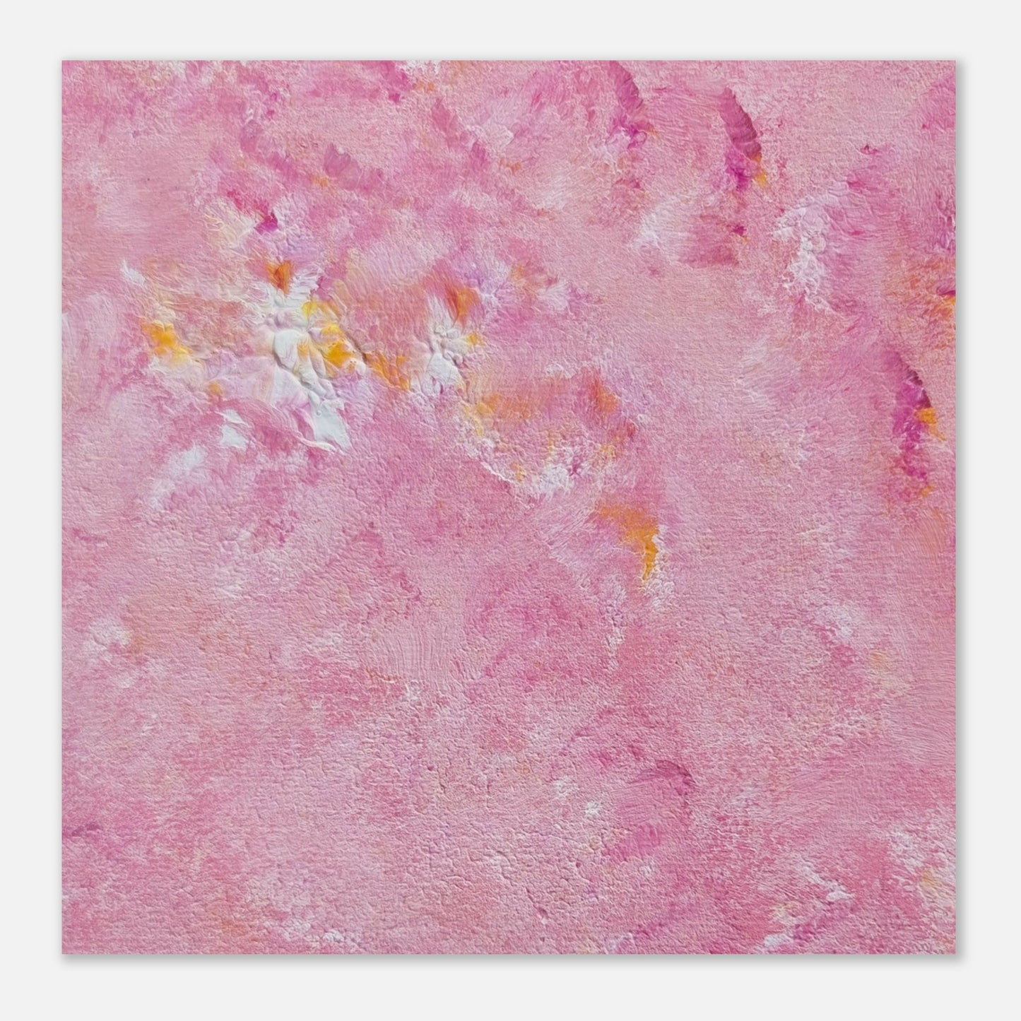 Bright pink and yellow Feel good one of one-of-a-kind colorful art poster based on original abstract art created by up-and-coming artist Scandinavian Jeanette Haga as decor for modern home on a white wall
