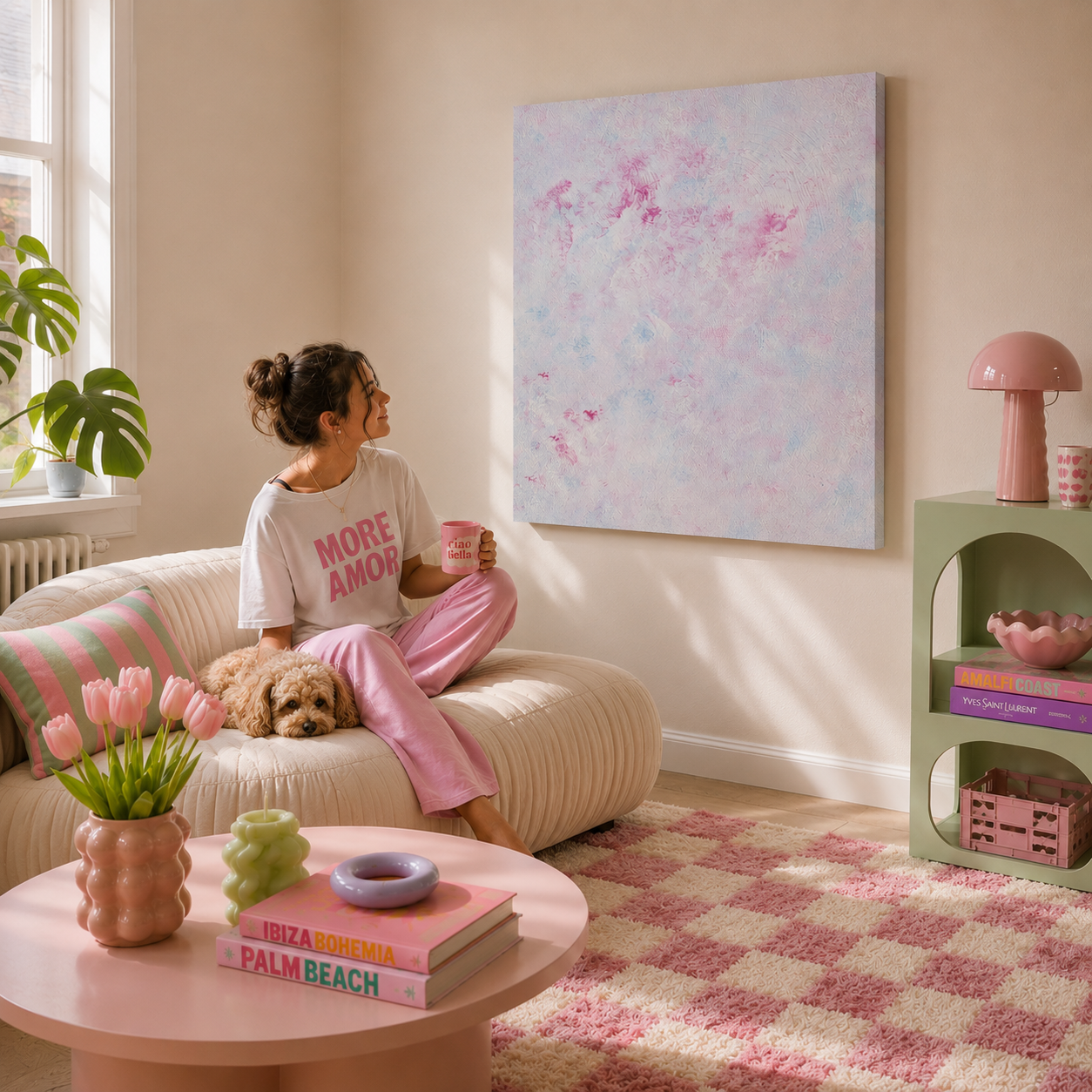 A woman sits on a cream ribbed sofa in a sunlit living room, holding a pink mug beside a small dog. She wears a white T-shirt with pink text reading 'MORE AMOR' and pink pants.