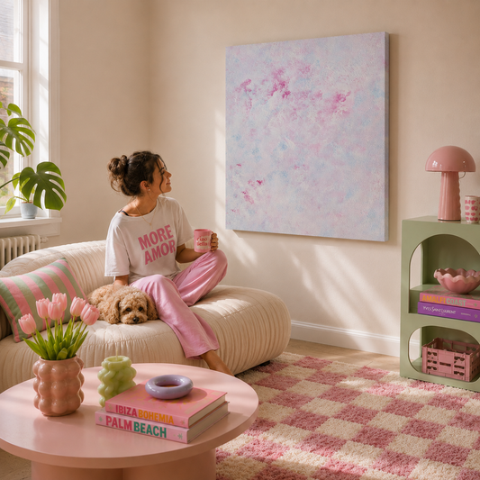 A woman sits on a cream ribbed sofa in a sunlit living room, holding a pink mug beside a small dog. She wears a white T-shirt with pink text reading 'MORE AMOR' and pink pants.