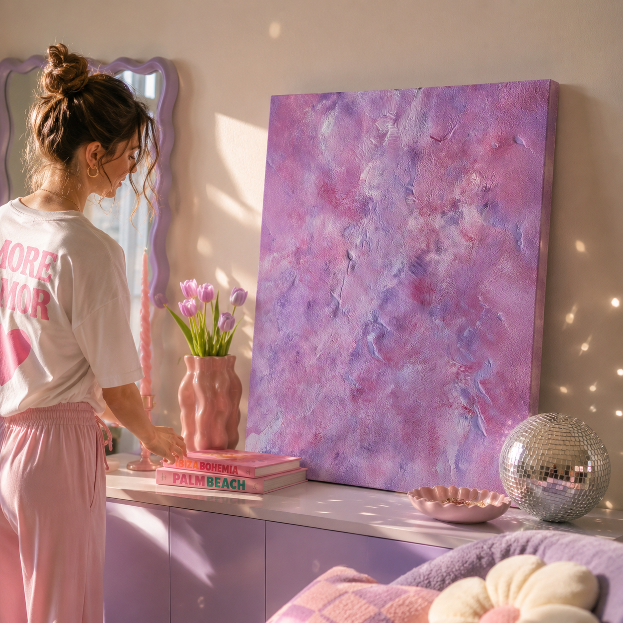 A woman in a white graphic t-shirt and pink sweatpants stands beside a large textured canvas painting with a pink and purple abstract pattern, set in a sunlit pastel room with a pink cabinet, vase of tulips, and a disco ball.