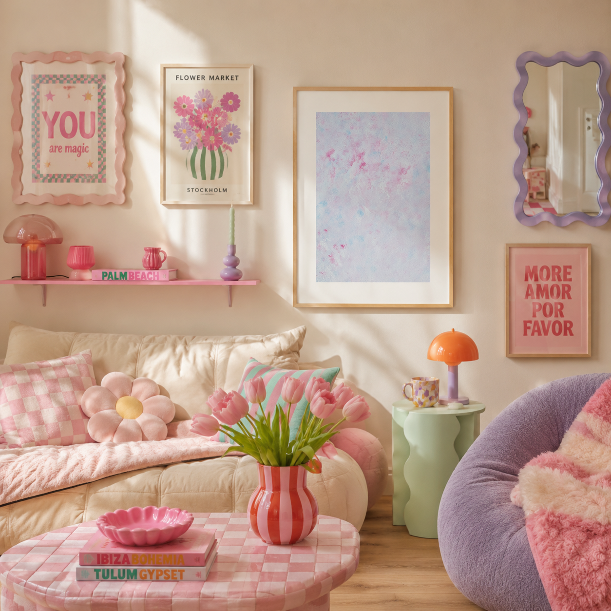 A cozy, pastel-themed living room corner featuring a cream sofa with pink and white checkered pillows, a pink-and-white checkered coffee table with a pink striped vase of tulips, a purple beanbag chair, and a wall gallery wall with framed art and a purple-framed mirror.