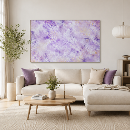 A large rectangular wall art piece with an abstract purple, lavender, and white marbled pattern hangs above a cream sectional sofa in a bright, modern living room.