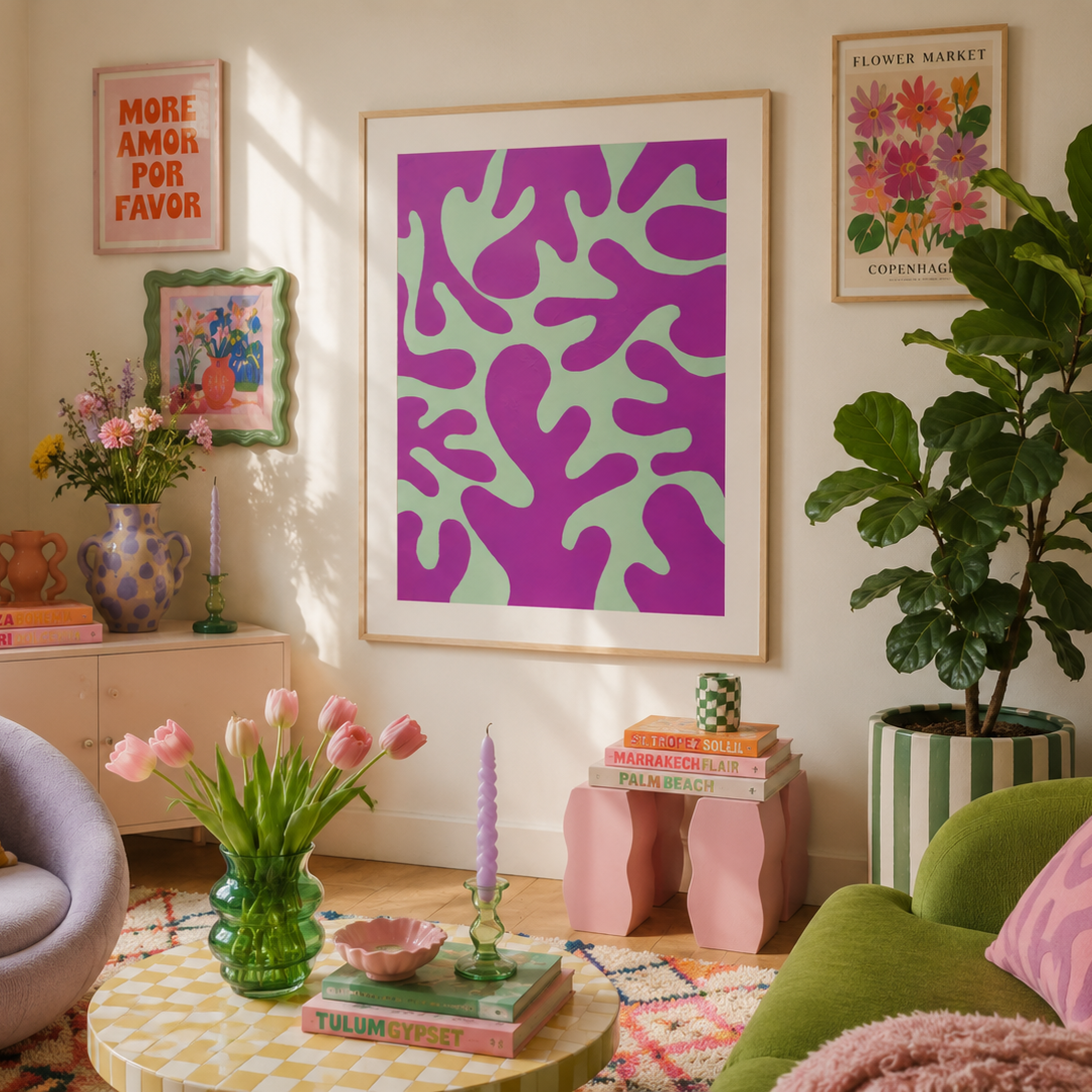 A styled living room interior featuring a large framed abstract art print with purple and mint green shapes on the wall, alongside a purple armchair, green sofa, plants, and decorative objects.