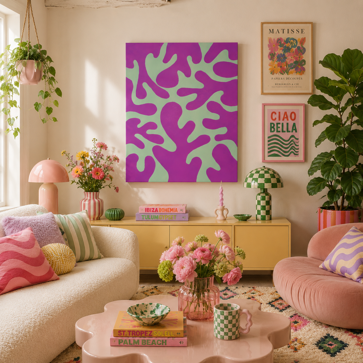 A cozy, bohemian-style living room featuring a large purple and mint green abstract canvas print on the wall above a yellow sideboard. The room is decorated with pink furniture, potted plants, patterned pillows, and various colorful books and vases.