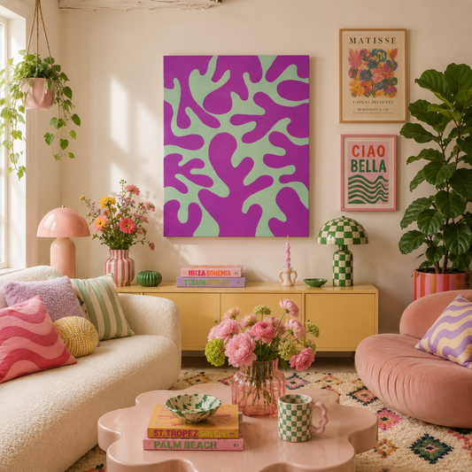 A cozy, bohemian-style living room featuring a large purple and mint green abstract canvas print on the wall above a yellow sideboard. The room is decorated with pink furniture, potted plants, patterned pillows, and various colorful books and vases.