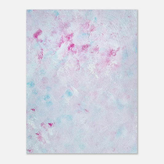 Pastel blue, light pink, red and white abstract art poster hanging vertically on a white background