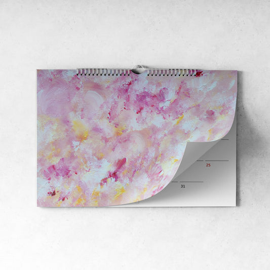 Art Calendar with pink and yellow acrylic paint design on a white background made by scandinavian artist Jeanette Haga