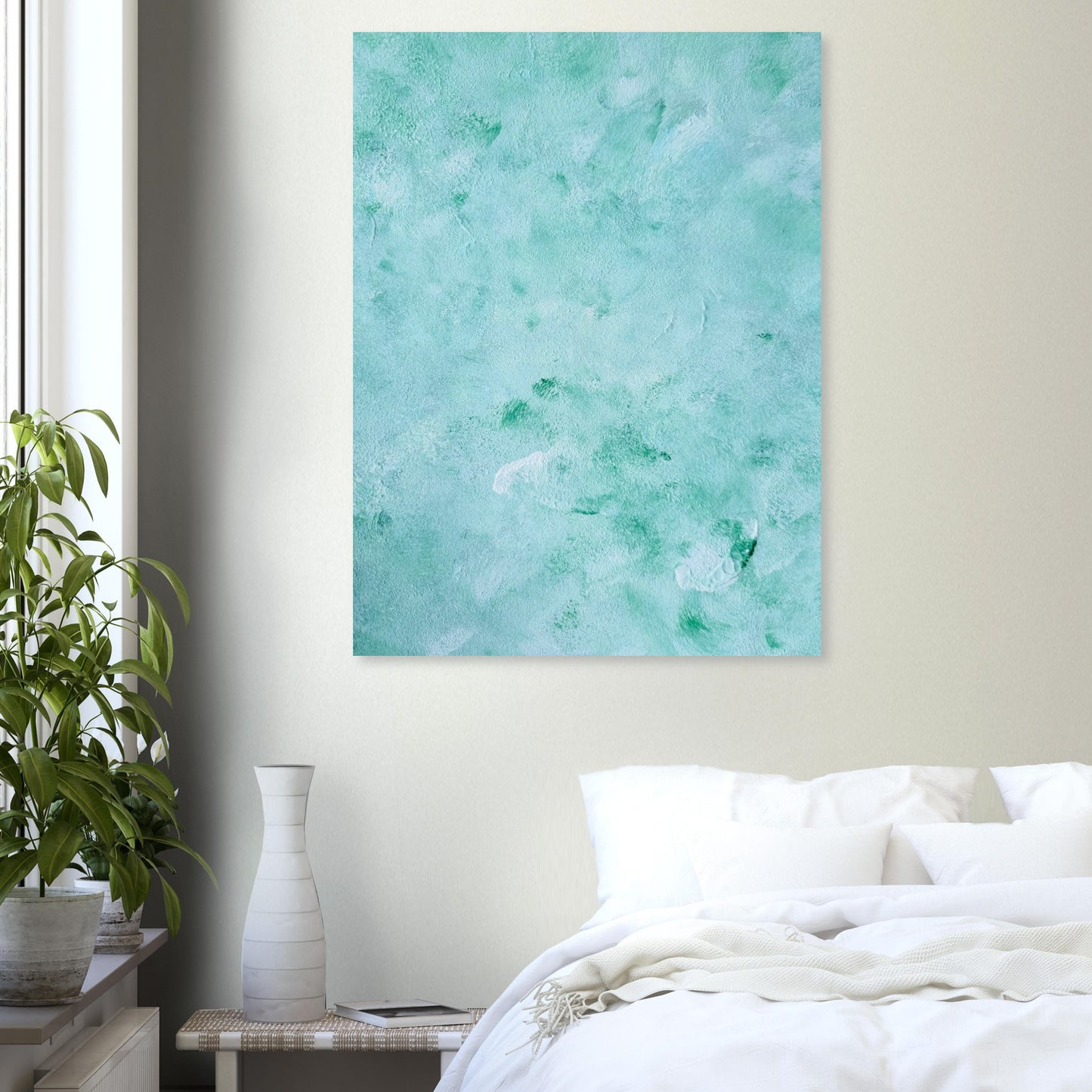 mint, green Feel good one of one-of-a-kind colorful art poster based on original abstract art created by up-and-coming artist Scandinavian Jeanette Haga as decor in a modern bedroom