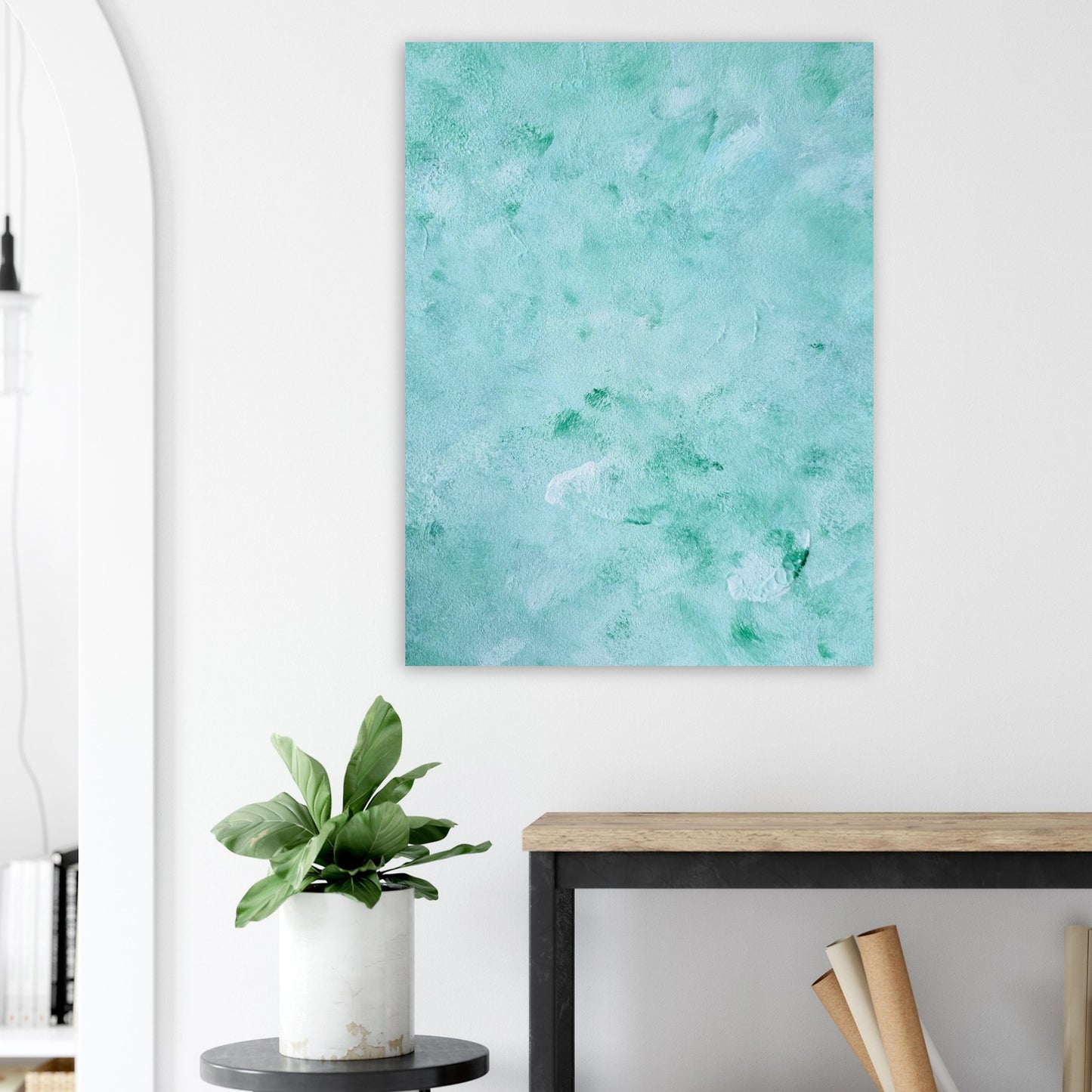 mint, green Feel good one of one-of-a-kind colorful art poster based on original abstract art created by up-and-coming artist Scandinavian Jeanette Haga as decor in a modern hallway