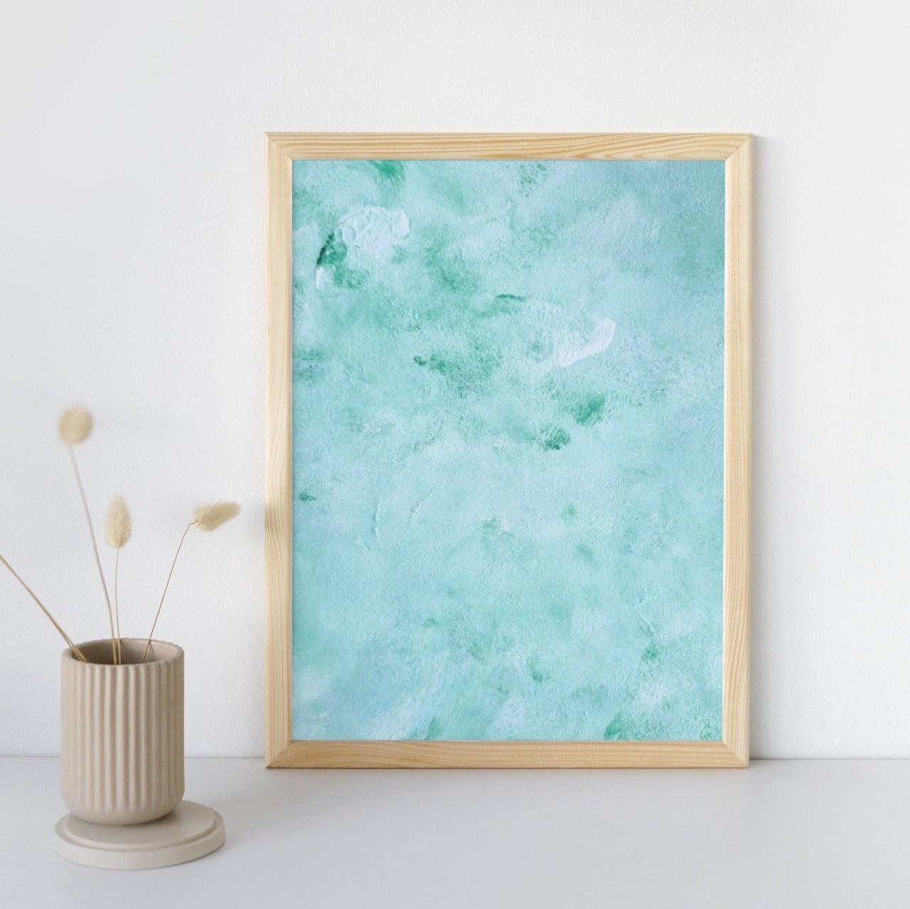 mint, green Feel good one of one-of-a-kind colorful art poster based on original abstract art created by up-and-coming artist Scandinavian Jeanette Haga as decor in a modern home