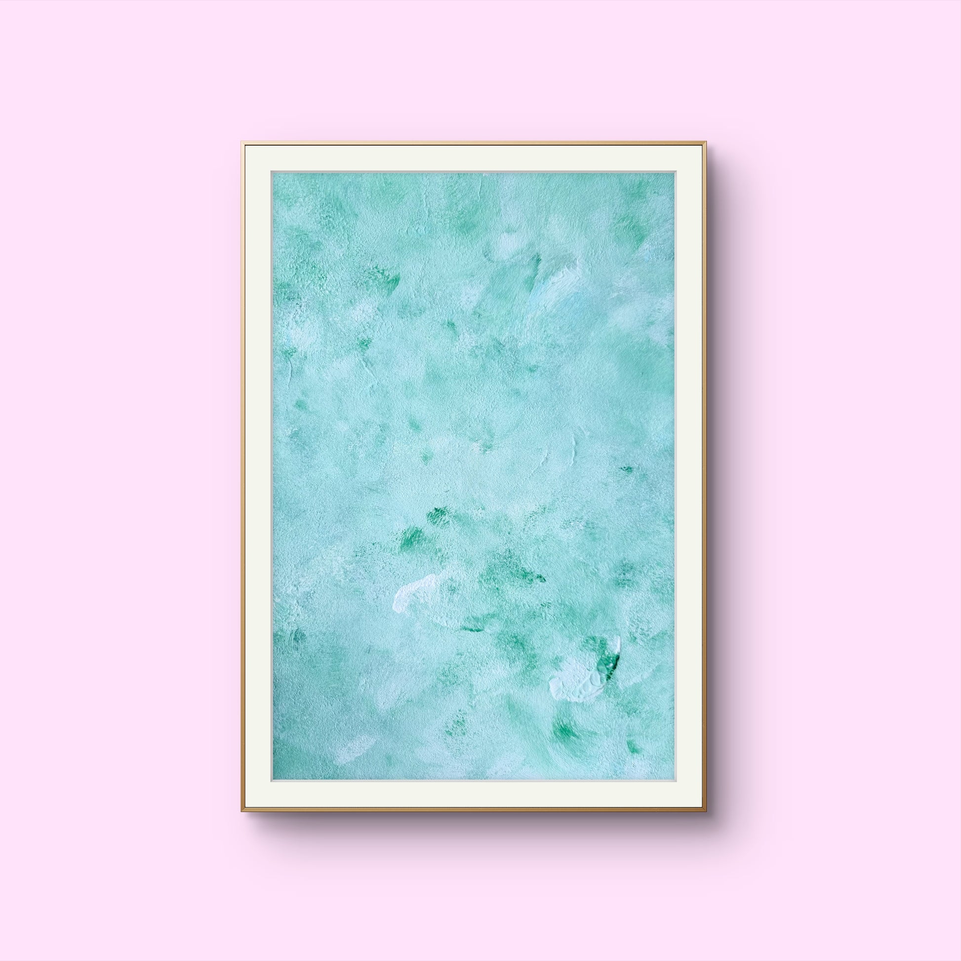 mint, green Feel good one of one-of-a-kind colorful art poster based on original abstract art created by up-and-coming artist Scandinavian Jeanette Haga as decor for modern home on a pink background
