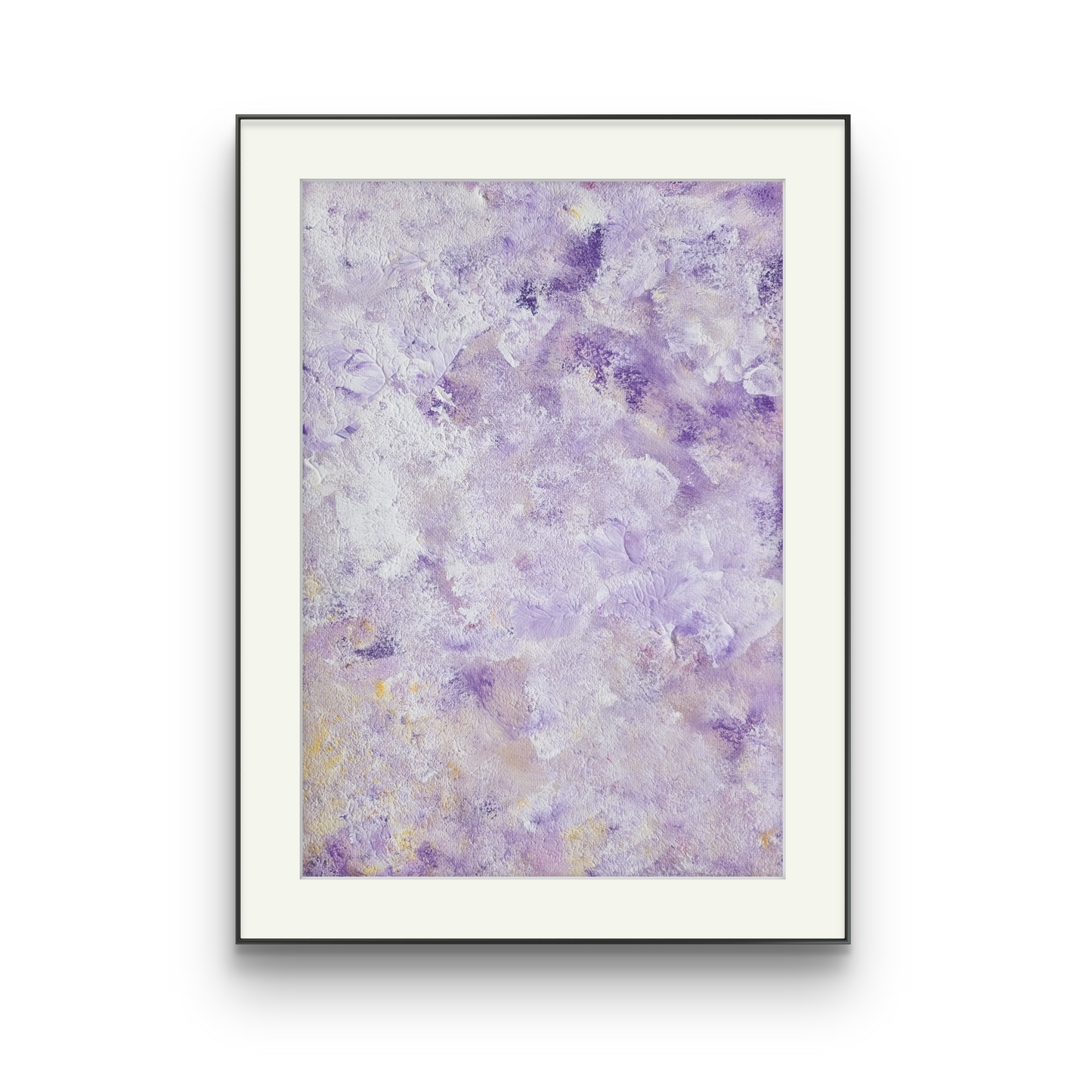 Original abstract colorful acrylic art piece in deep purple and pastel yellow hanging vertically as interior decor on a white wall