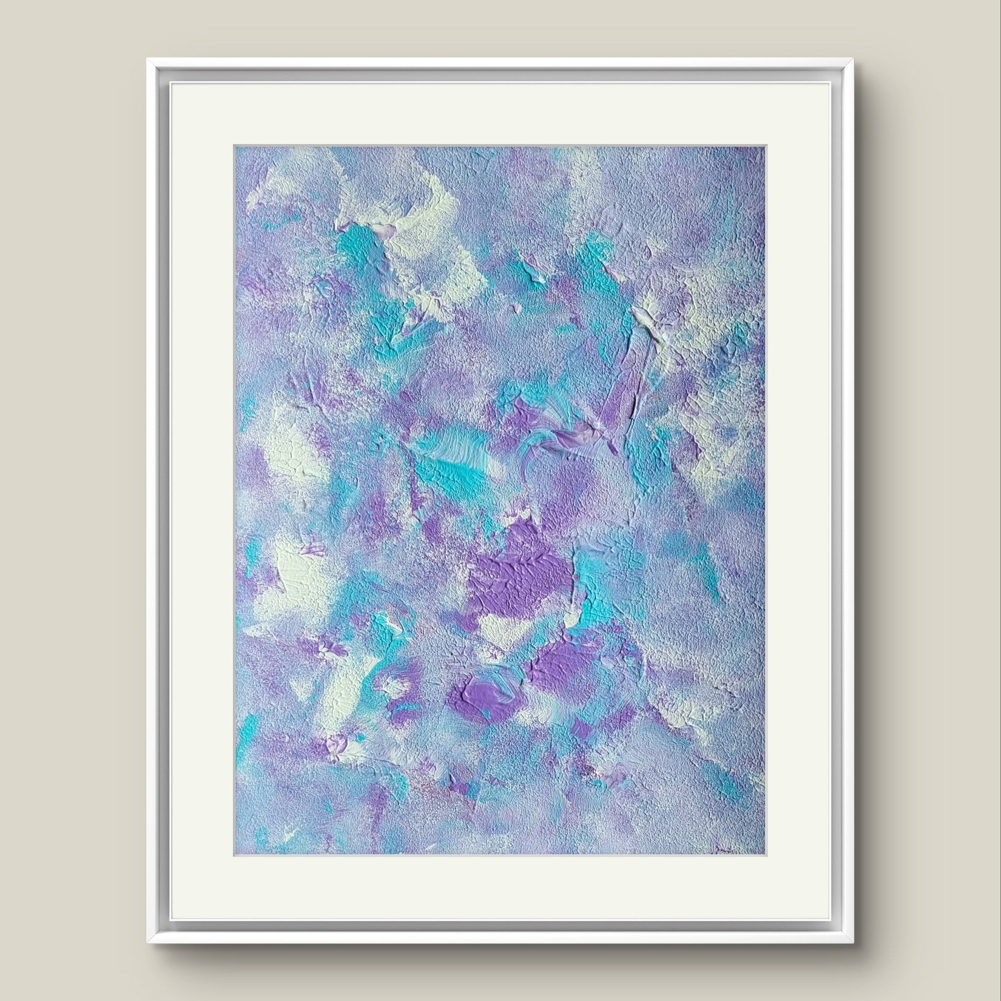 Original one of a kind colorful abstract acrylic art piece in pastel purple, blue and white, hanging vertically against a grey background as decor