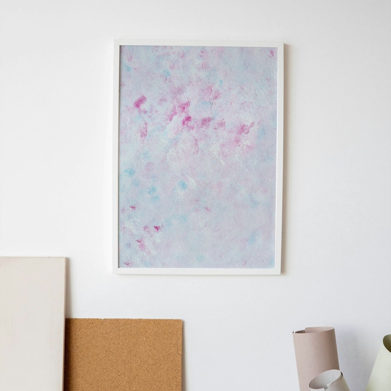 Pastel blue, Feel good one-of-a-kind colorful abstract art poster created from an original painting by up-and-coming scandinavian artist Jeanette Haga as decor in a yoga studio