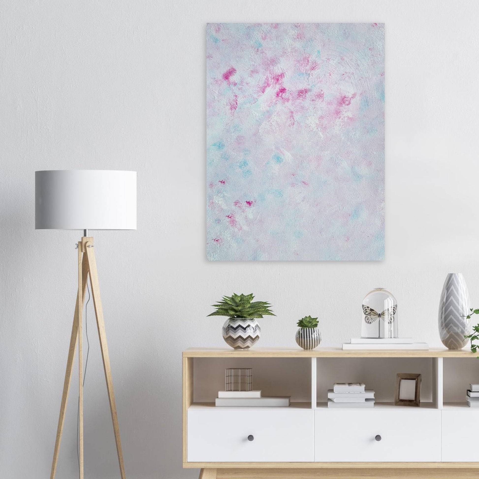 Pastel blue, Feel good one-of-a-kind colorful abstract art poster created from an original painting by up-and-coming scandinavian artist Jeanette Haga as decor in a modern white living room