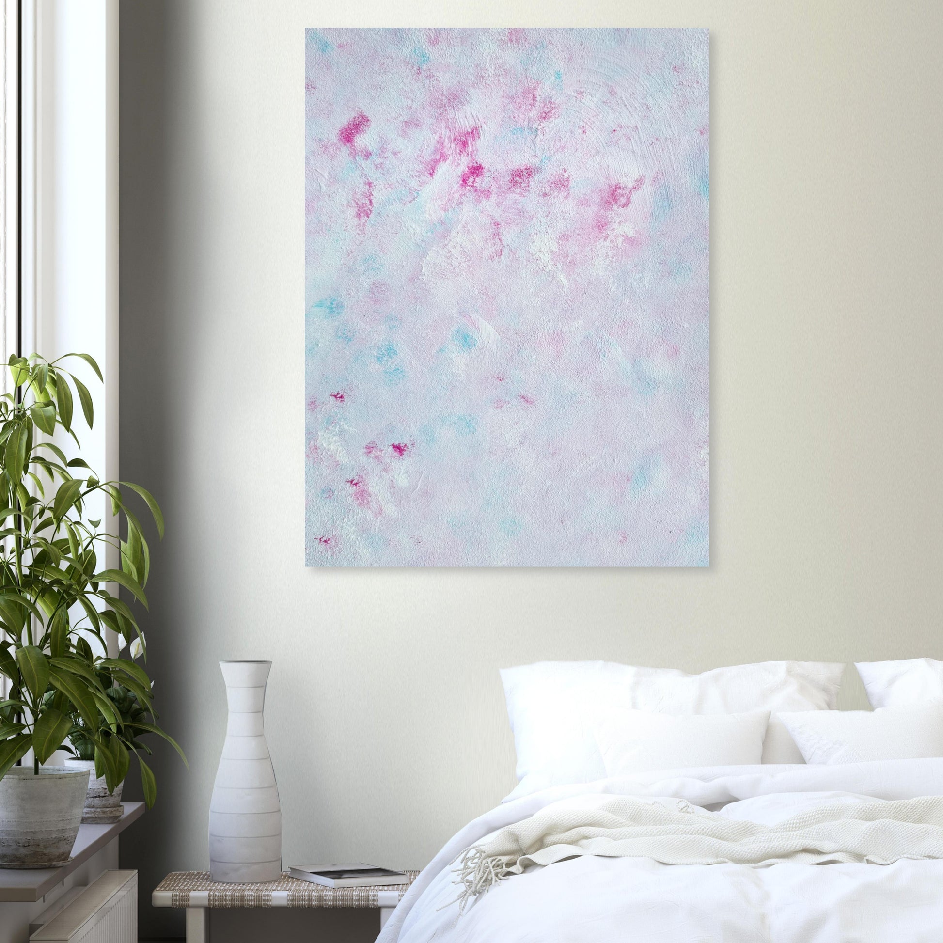 Pastel blue, Feel good one-of-a-kind colorful abstract art poster created from an original painting by up-and-coming scandinavian artist Jeanette Haga as decor in a bed room