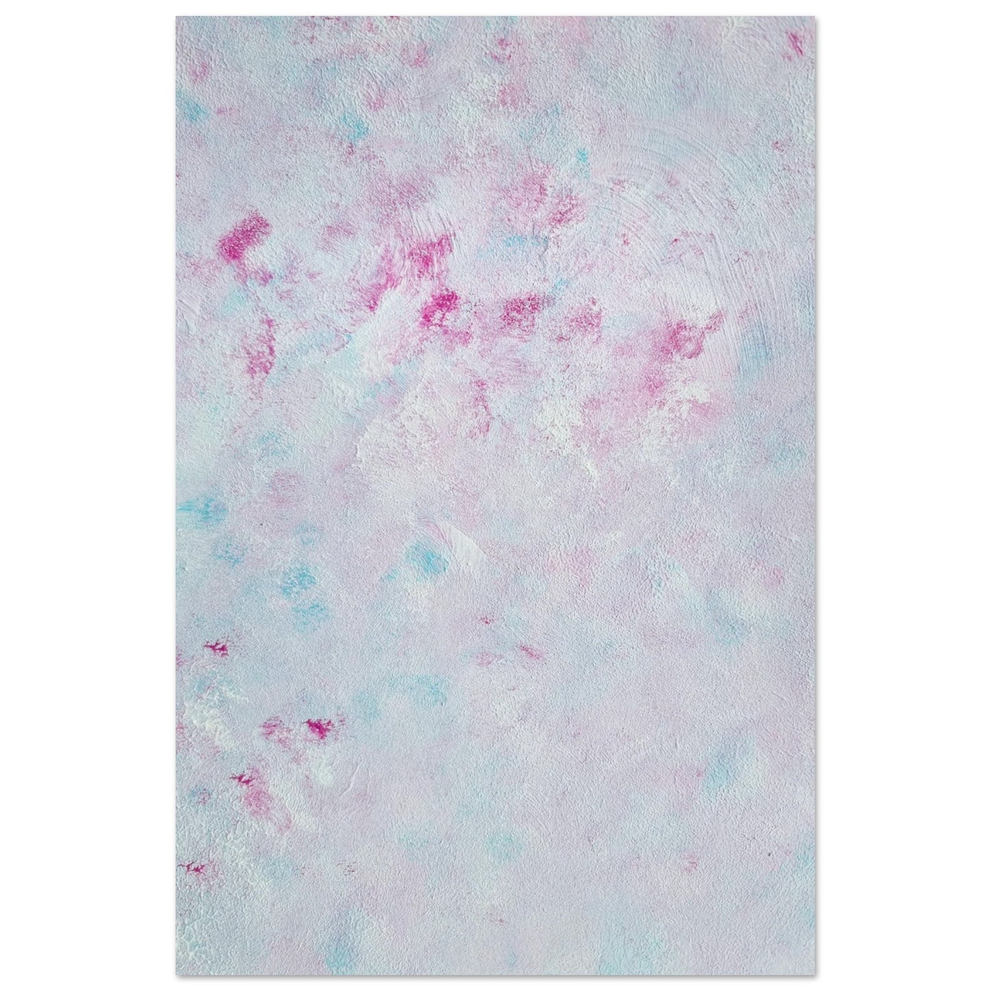 Pastel blue, Feel good one-of-a-kind colorful abstract art poster created from an original painting by up-and-coming scandinavian artist Jeanette Haga as decor against a white wall

