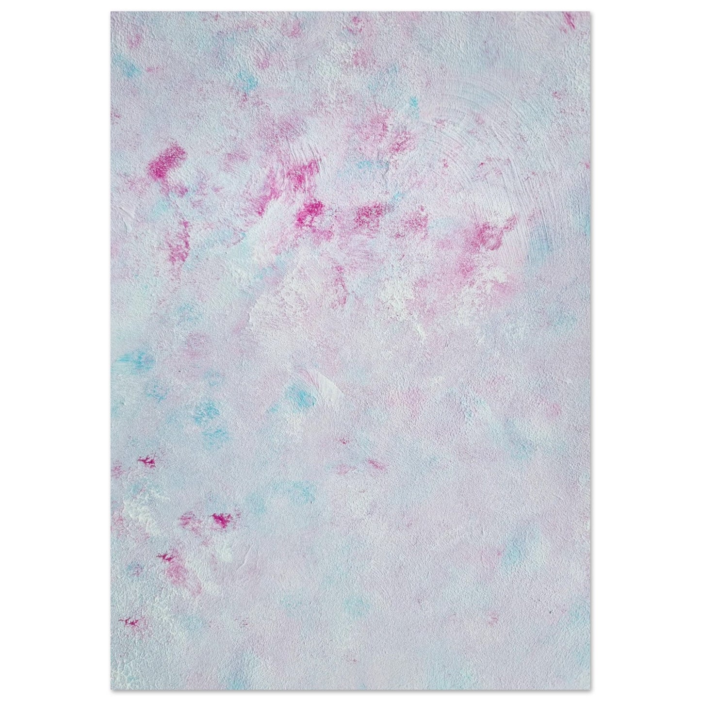 Pastel blue, Feel good one-of-a-kind colorful abstract art poster created from an original painting by up-and-coming scandinavian artist Jeanette Haga as decor against a white wall
