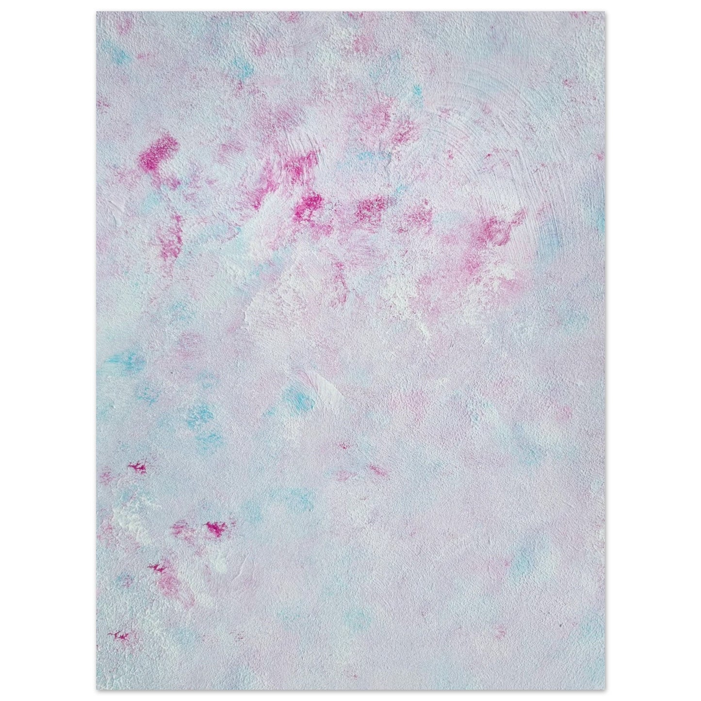 Pastel blue, Feel good one-of-a-kind colorful abstract art poster created from an original painting by up-and-coming scandinavian artist Jeanette Haga as decor against a white wall
