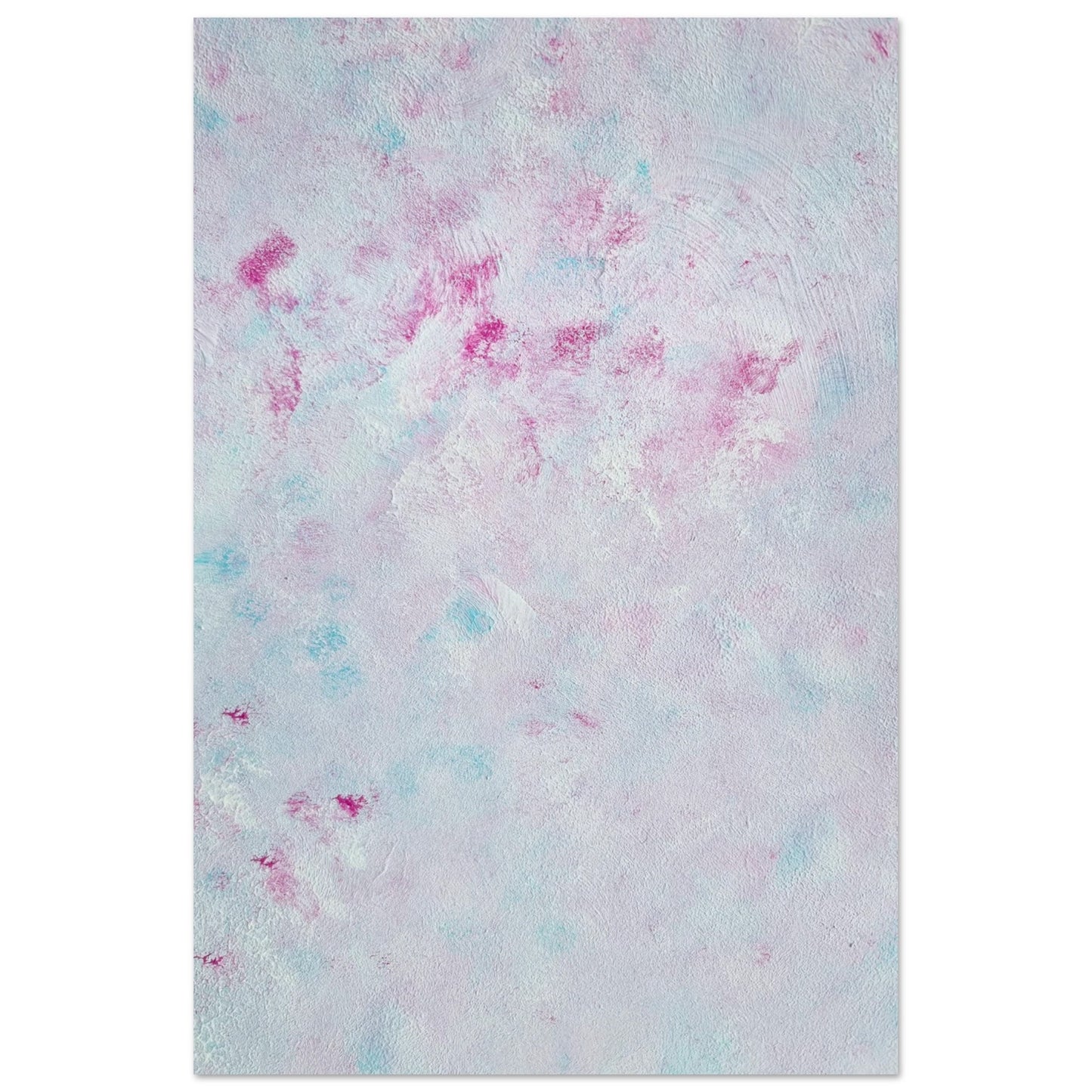 Pastel blue, Feel good one-of-a-kind colorful abstract art poster created from an original painting by up-and-coming scandinavian artist Jeanette Haga as decor against a white wall
