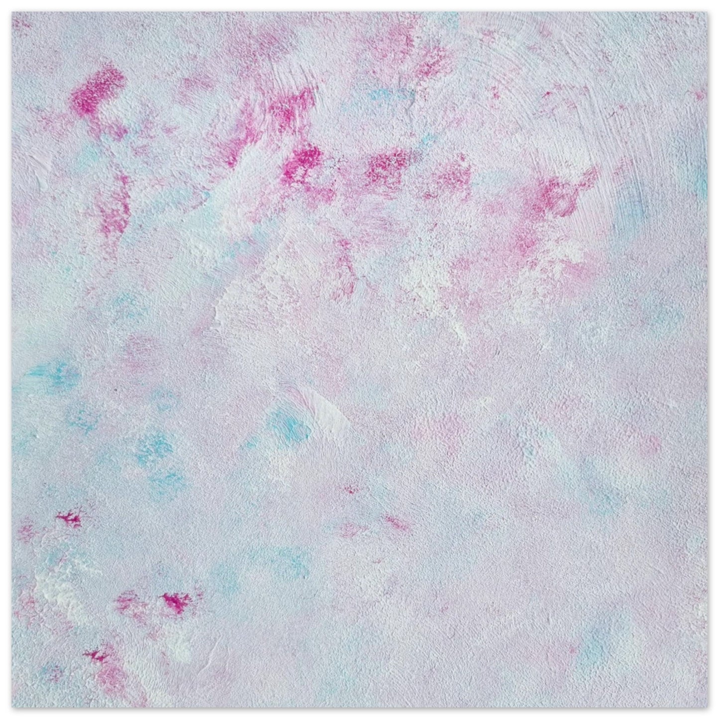 Pastel blue, Feel good one-of-a-kind colorful abstract art poster created from an original painting by up-and-coming scandinavian artist Jeanette Haga as decor against a white wall
